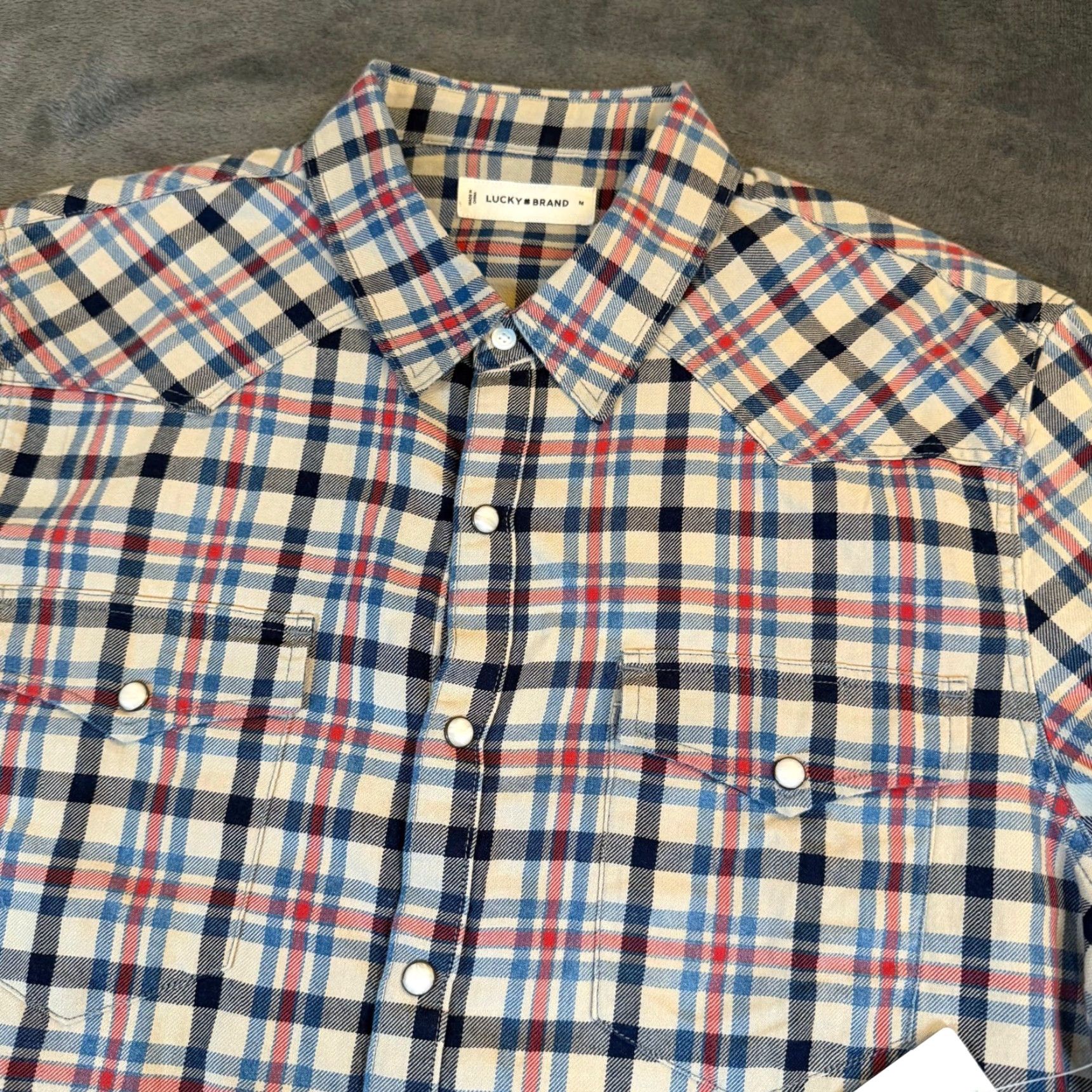 Lucky Brand Lucky Brand Shirt Plaid Western Snap Mens M Woven Cotton Multicolor Blue Red Cream Indigo NWT Casual Workwear Cowboy Bohemian Preppy 90s Size US M / EU 48-50 / 2 - 2 Thumbnail