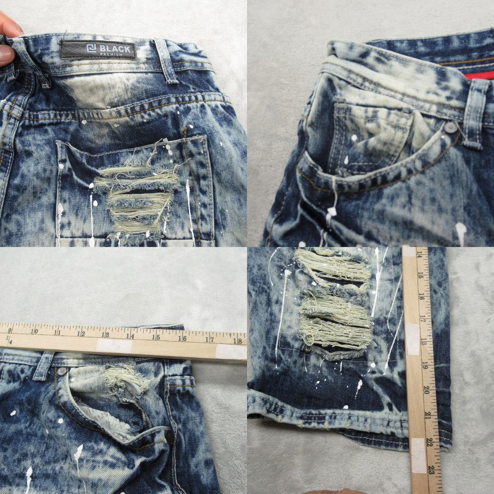 Denime CJ Black Premium Denim Shorts Men 32 Distress Paint Splatter Regular Flat Front Pockets Blue 11in Inseam Adults Mens Size US 32 / EU 48 - 8 Thumbnail