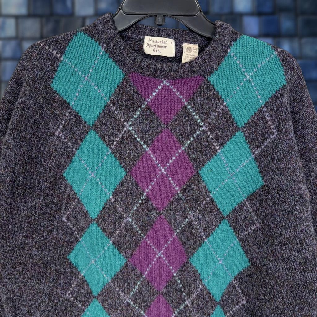 Vintage VINTAGE Nantucket Sportswear Sweater Mens XL Argyle Crewneck Wool Knit Gray 80s Size US XL / EU 56 / 4 - 1 Thumbnail