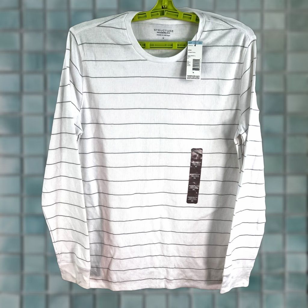 Vintage Structure Shirt Adult M White Striped Thermal Long Sleeve Crew Neck Cotton Blend Mens Size US M / EU 48-50 / 2 - 1 Thumbnail