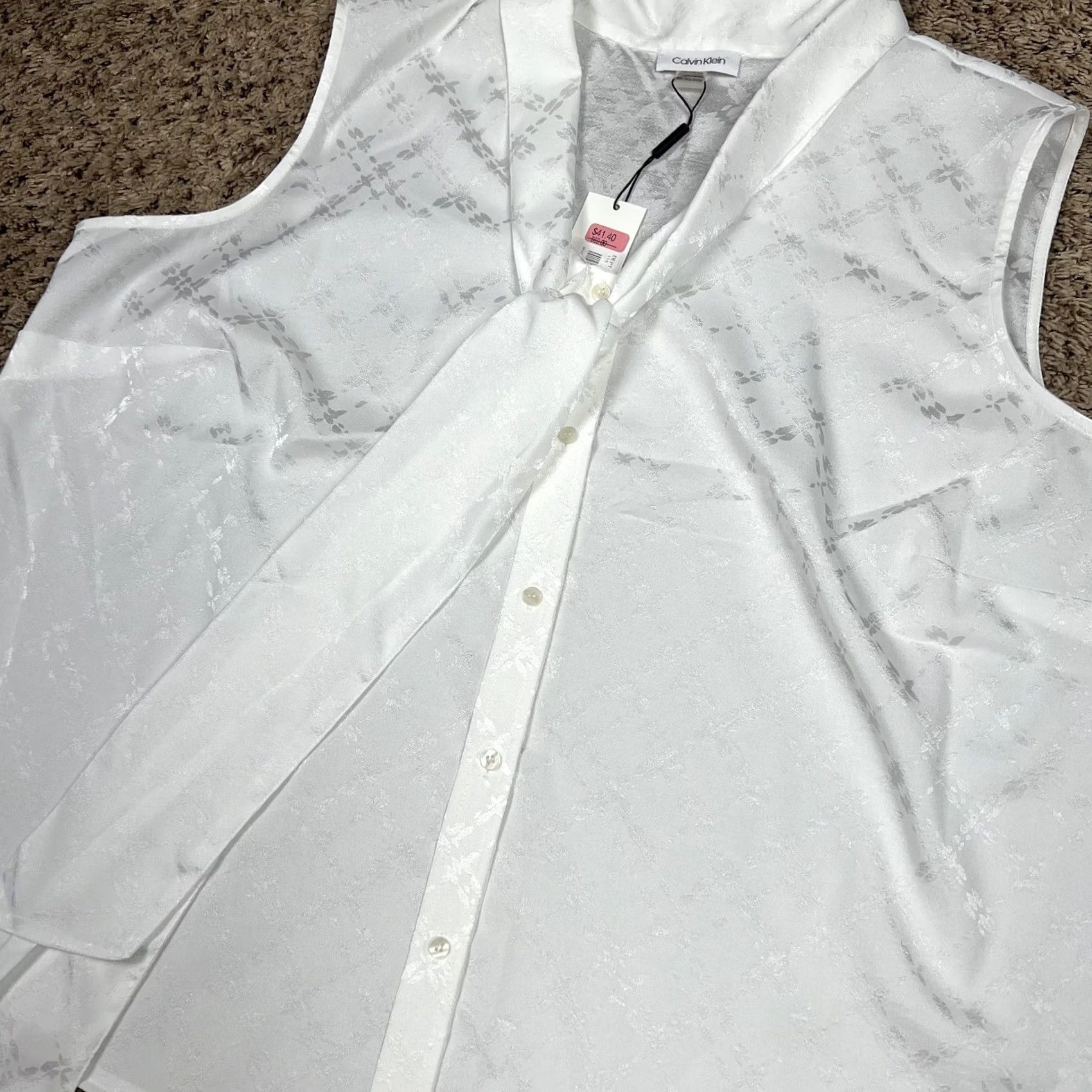 Calvin Klein Calvin Klein Blouse Sleeveless White 3XL Womens Button Up V-Neck Geometric Pattern Size XXL / US 16-18 / IT 52-54 - 5 Thumbnail