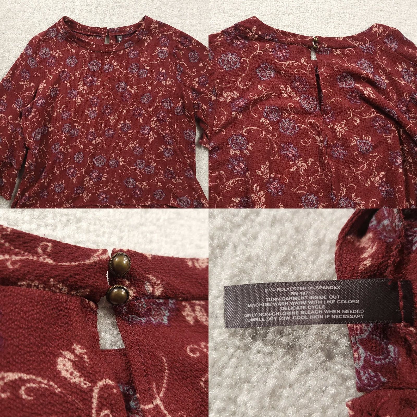 Bell Massini Womens Blouse Top Large Bell Sleeve Ruffle Floral Maroon Red L Regular Size L / US 10 / IT 46 - 8 Thumbnail