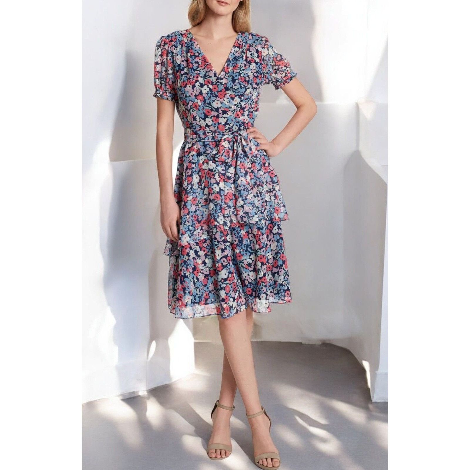 Elie Tahari Tahari Womens Navy Vneck Short Sleeve Tiered Dress NEW 2 Size XS / US 0-2 / IT 36-38 - 13 Thumbnail