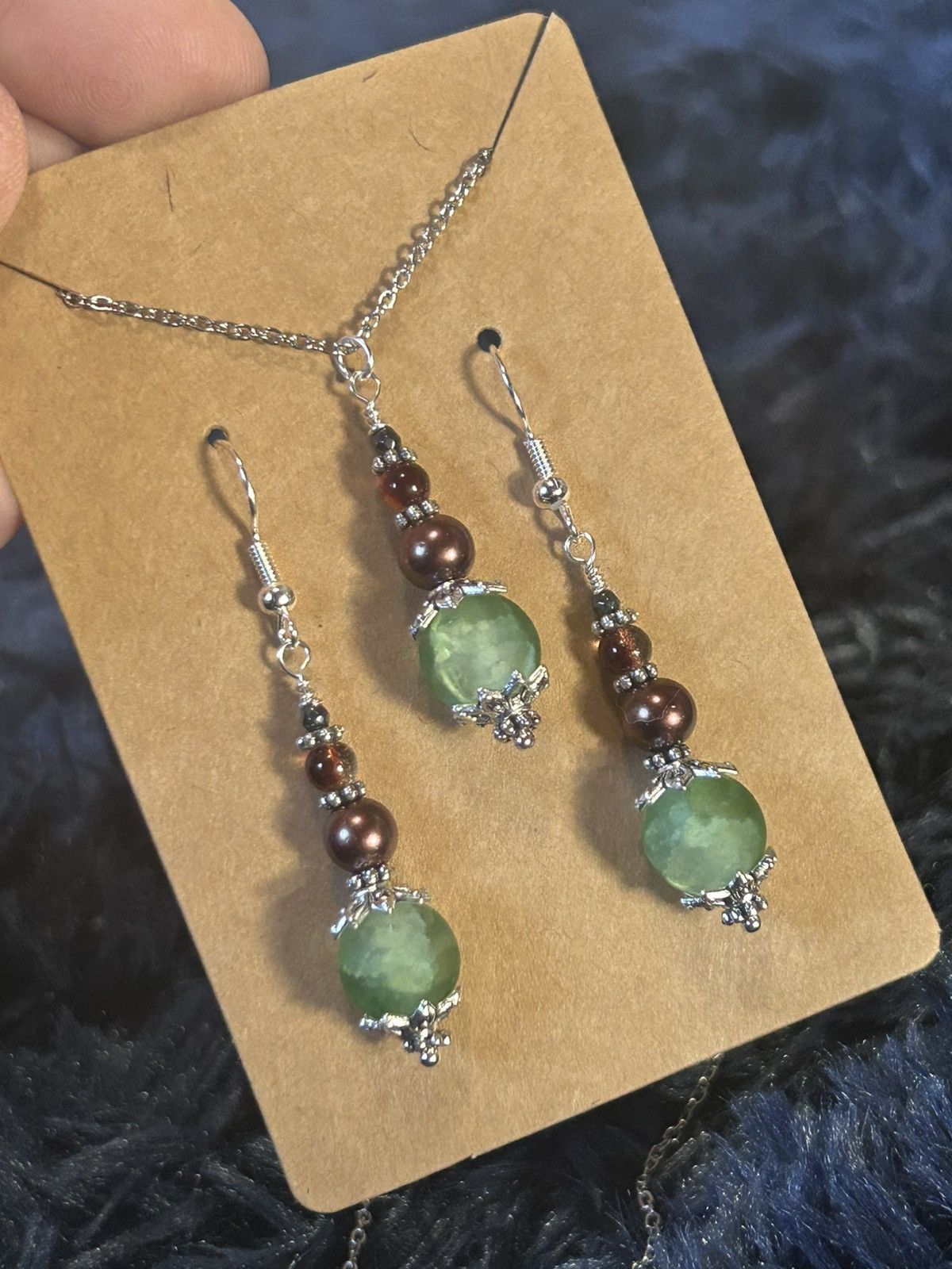Handmade Handcrafted green crackle glass pearl cat eye necklace set Size ONE SIZE - 1 Thumbnail