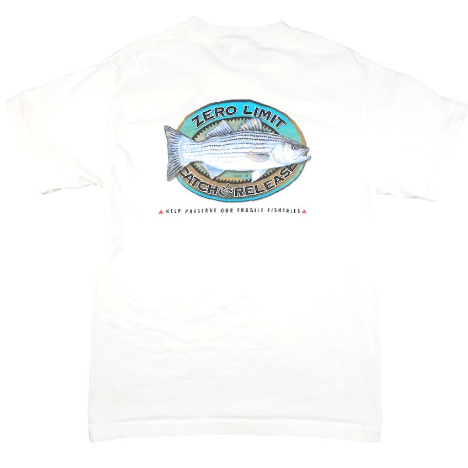 Hanes VINTAGE Hanes T-Shirt Mens Small White 90s Y2K Vintage Striped Bass Catch & Release Short Sleeve Crew Neck Double-Sided Size US S / EU 44-46 / 1 - 4 Thumbnail