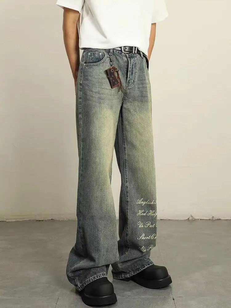 Designer × Japanese Brand Washed and Aged Printed Wide Leg Jeans Size US 32 / EU 48 - 3 Thumbnail