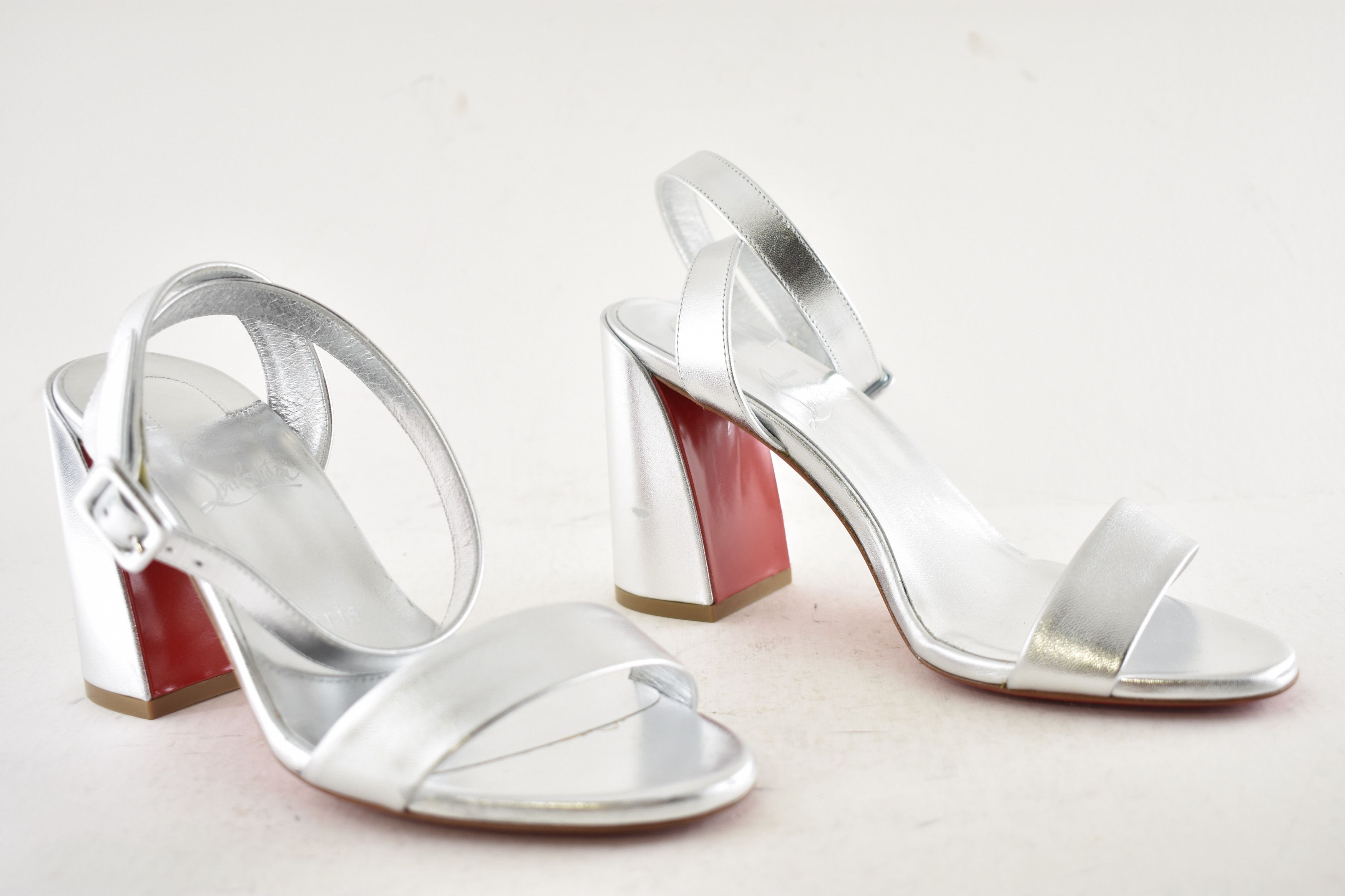 Christian Louboutin Miss Sabina 85 Silver Ankle Strap Block Heel Sandal 37 Size US 7 / IT 37 - 4 Thumbnail