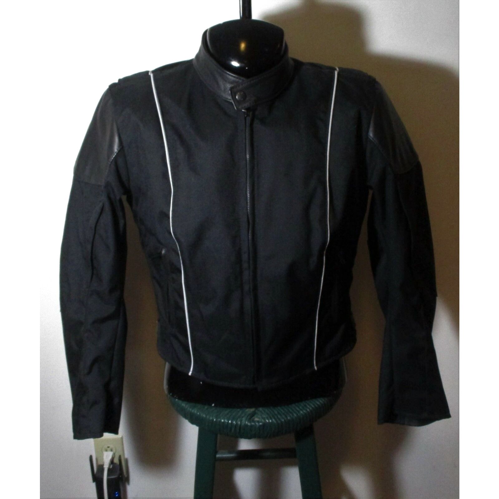 image of Vintage Men's Outback Black Full Zip Leather & Canvas Protective Biker Jacket Size S in White