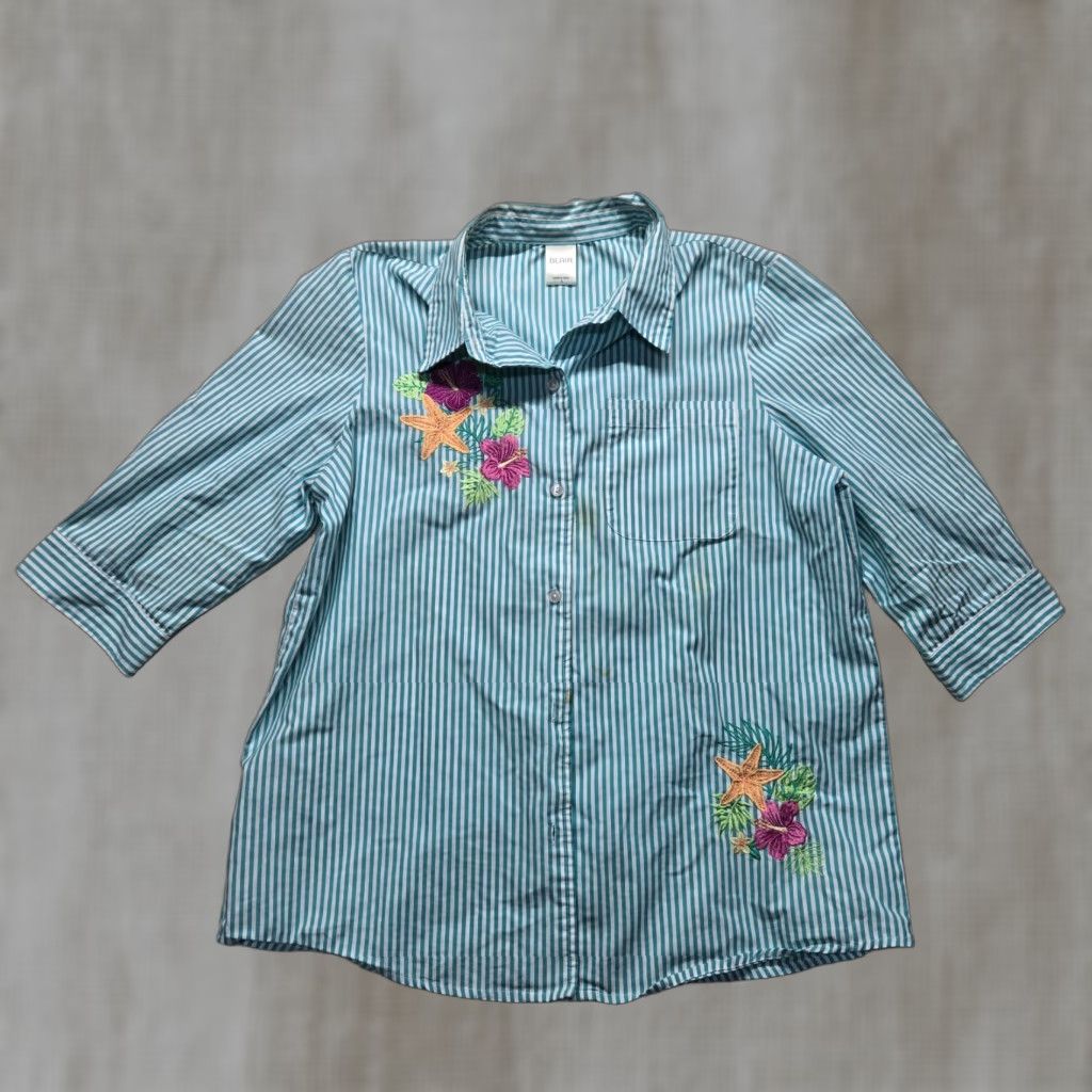 Blair VINTAGE Blair Floral Blue Striped Cotton Button-Up Shirt Women L Summer Spring Fall Embroidered Size L / US 10 / IT 46 - 1 Thumbnail