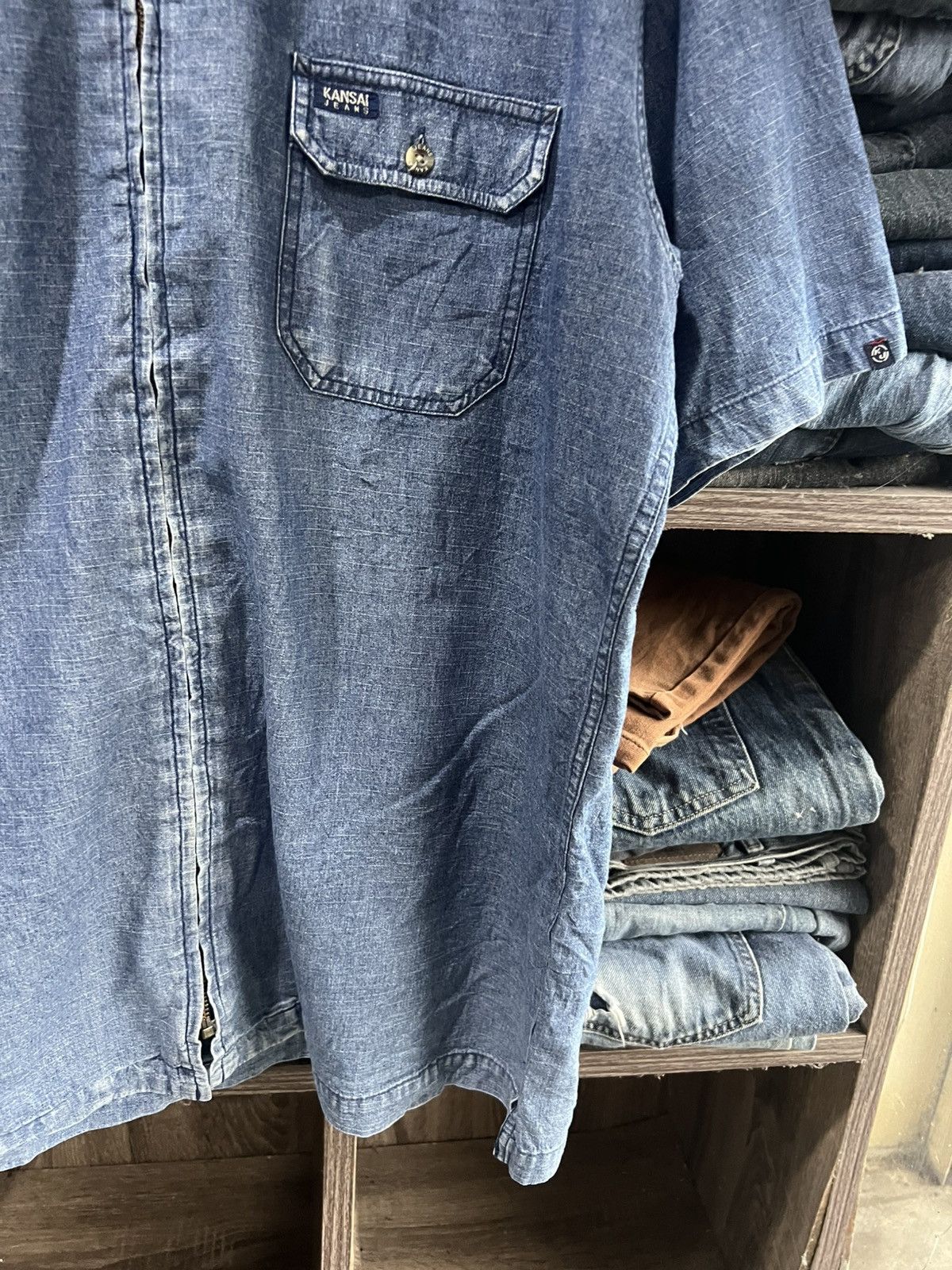 Kansai Yamamoto 🔥Kansai Jeans Zipper Short Sleeve Denim Shirt Size US XXL / EU 58 / 5 - 7 Thumbnail