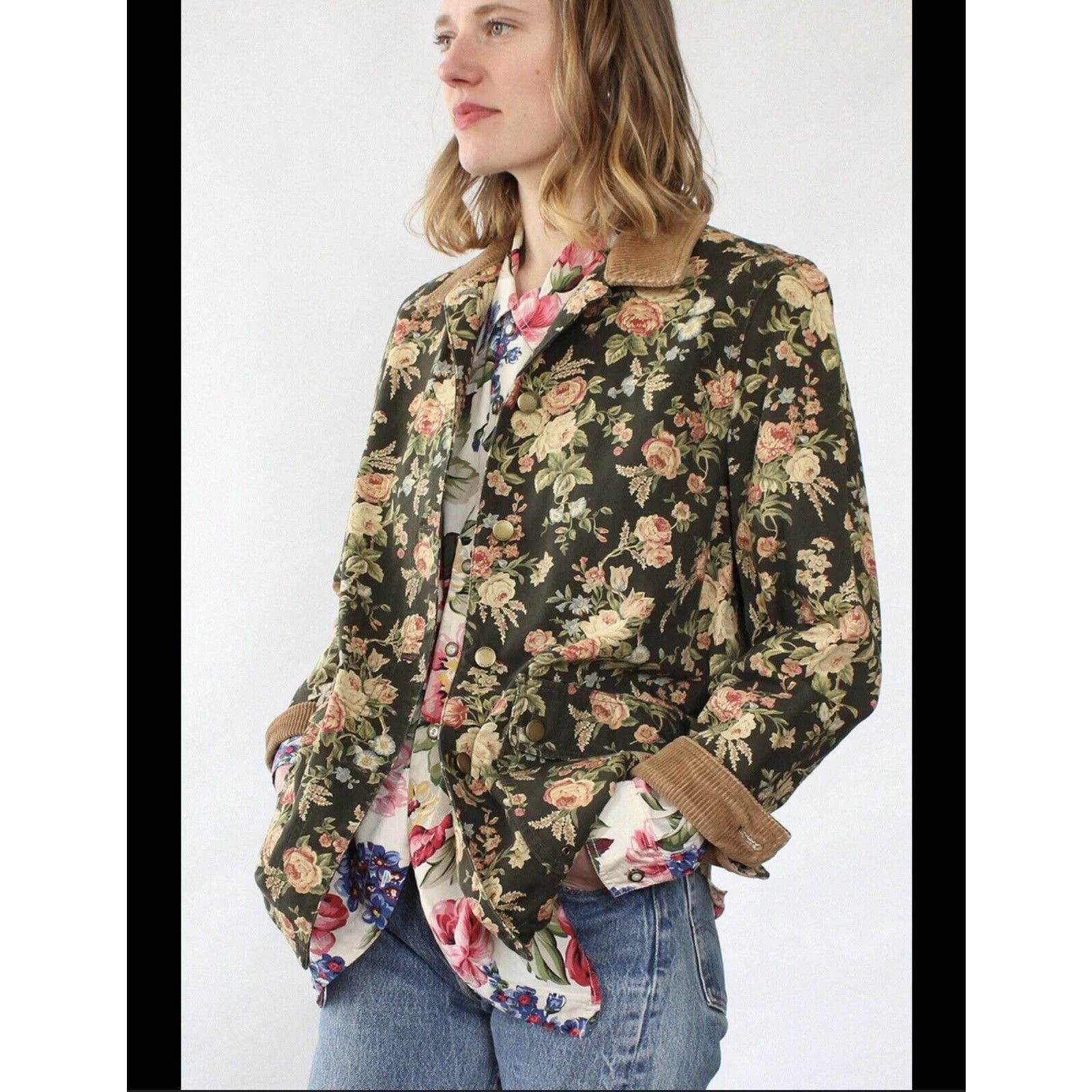 image of Lauren Ralph Lauren VTG Ralph Laurent Floral Print Jacket Chore Coat Equestrian M in Beige, Women's