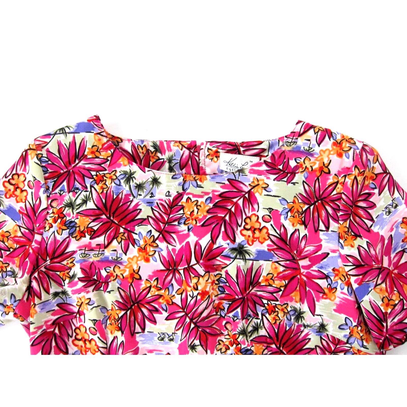 Lee VINTAGE Kathie Lee Collection Pink Green Hawaiian Floral Short Sleeve Shift Dress 10 Size 32" / US 10 / IT 46 - 4 Thumbnail