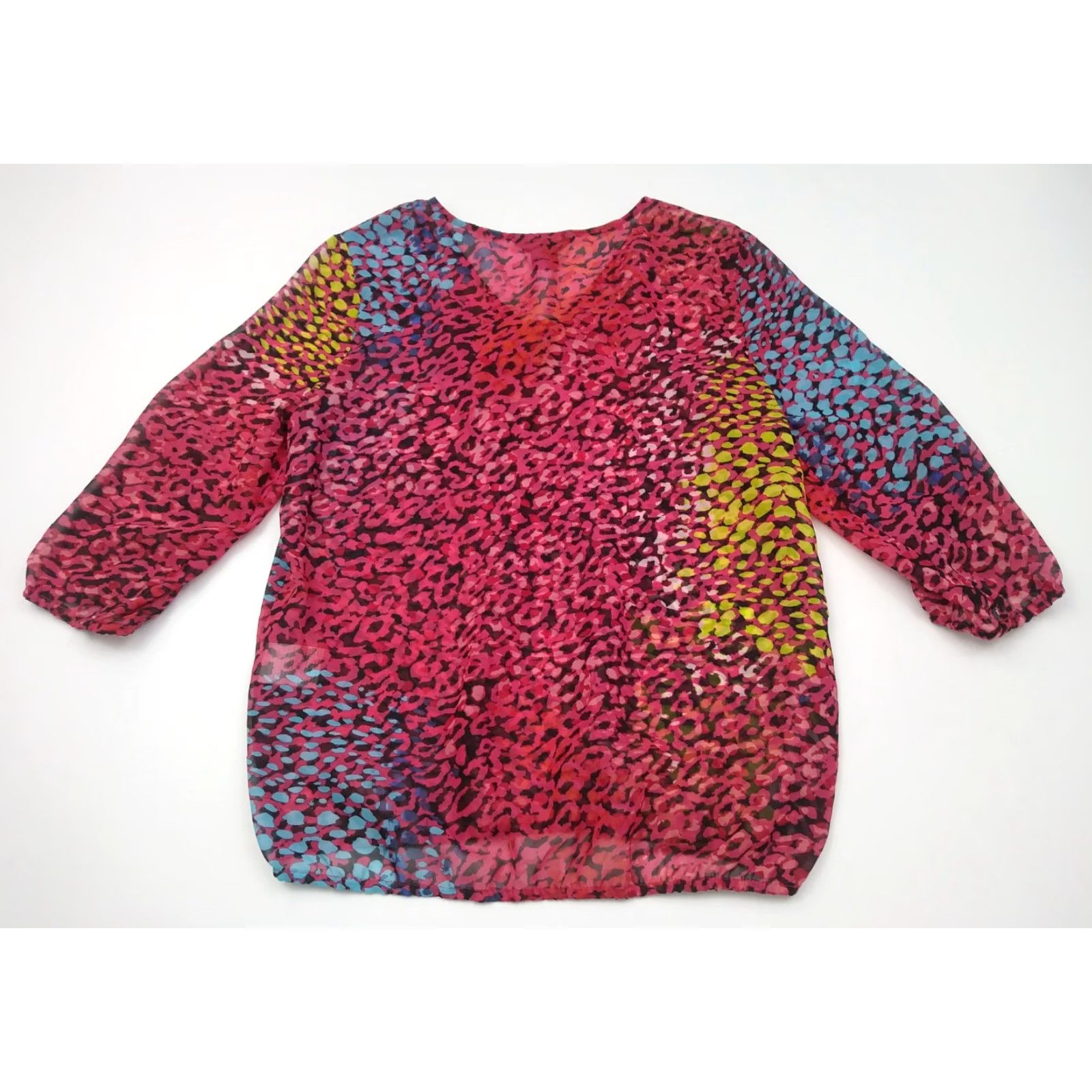 47 Rock 47 Blouse Women M 3/4 Sleeve Sheer Polyester Top Pink Blue Green Animal Print Keyhole Neck Waist Shirt Womens Size M / US 6-8 / IT 42-44 - 5 Thumbnail