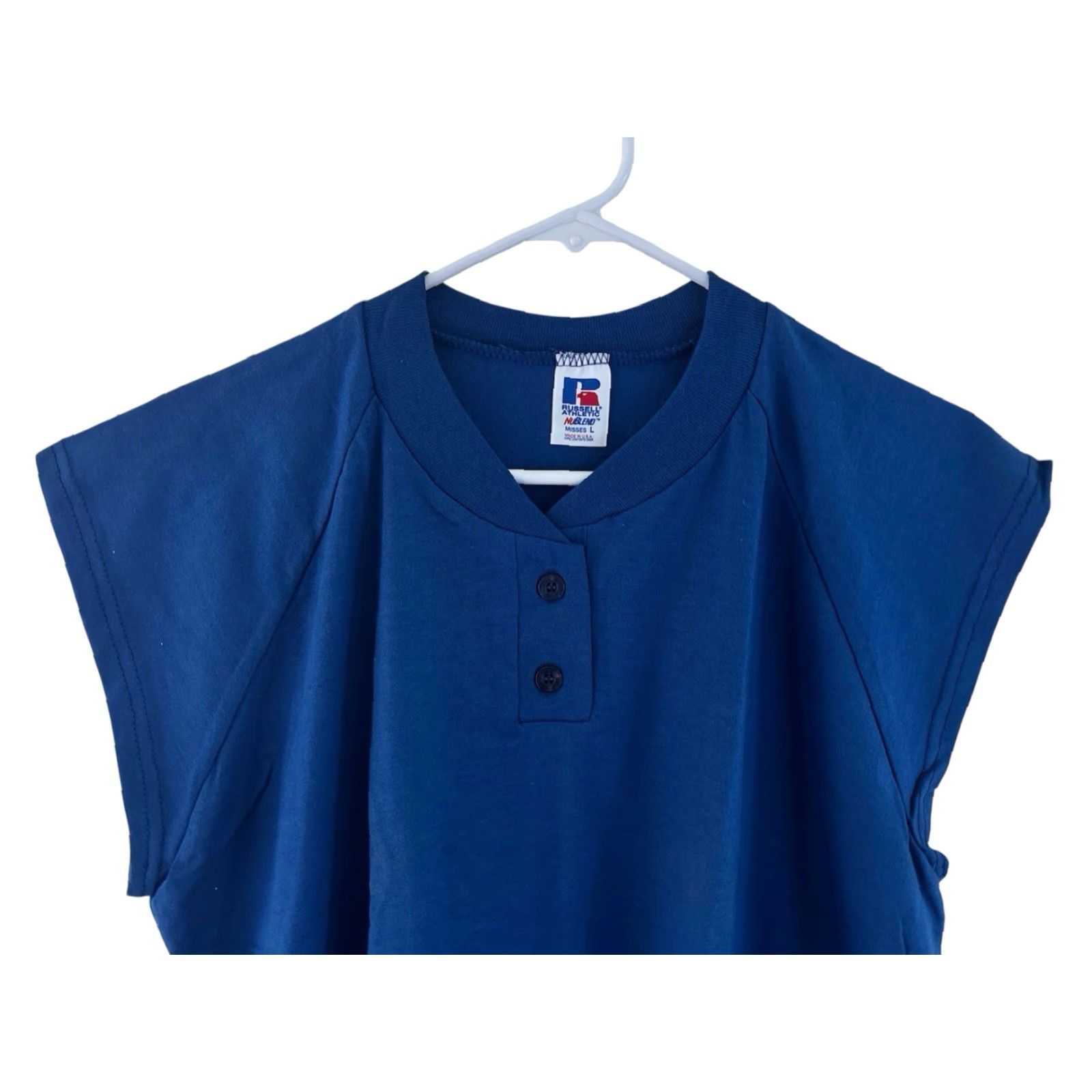 Russell Athletic VINTAGE Russell Athletic softball shirt Womens L Blue 90s deadstock NWOT Henley 2 buttons 50/50 USA Size L / US 10 / IT 46 - 3 Thumbnail