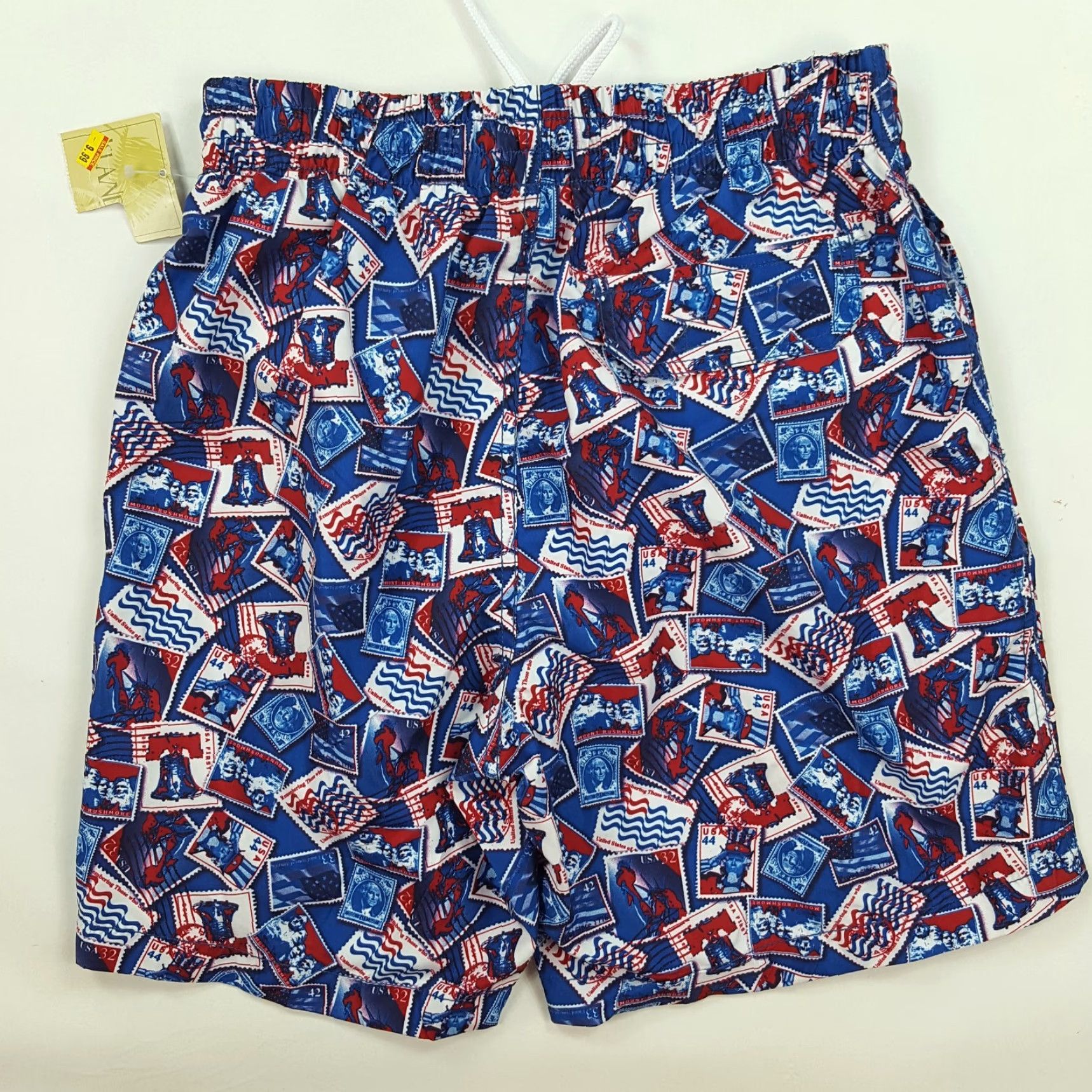 Vintage American Flag Patriotic Stamp Retro Print Mens Board Shorts Swimming Trunks Size S Blue USA Pattern All Over Print Islander Bottoms Swim Shorts Size US 29 - 4 Thumbnail
