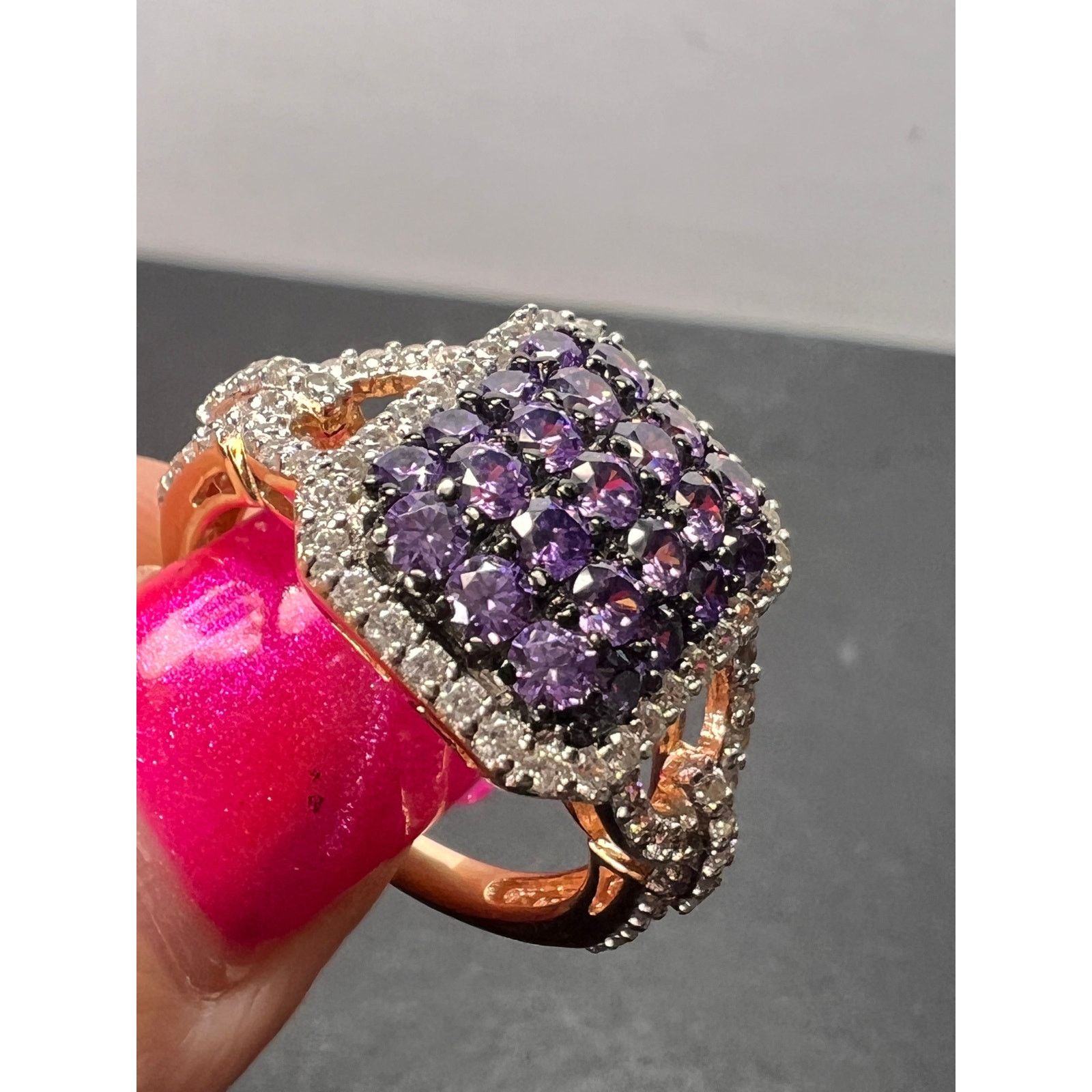 Purple and white CZ rose gold over 925 ring size 9