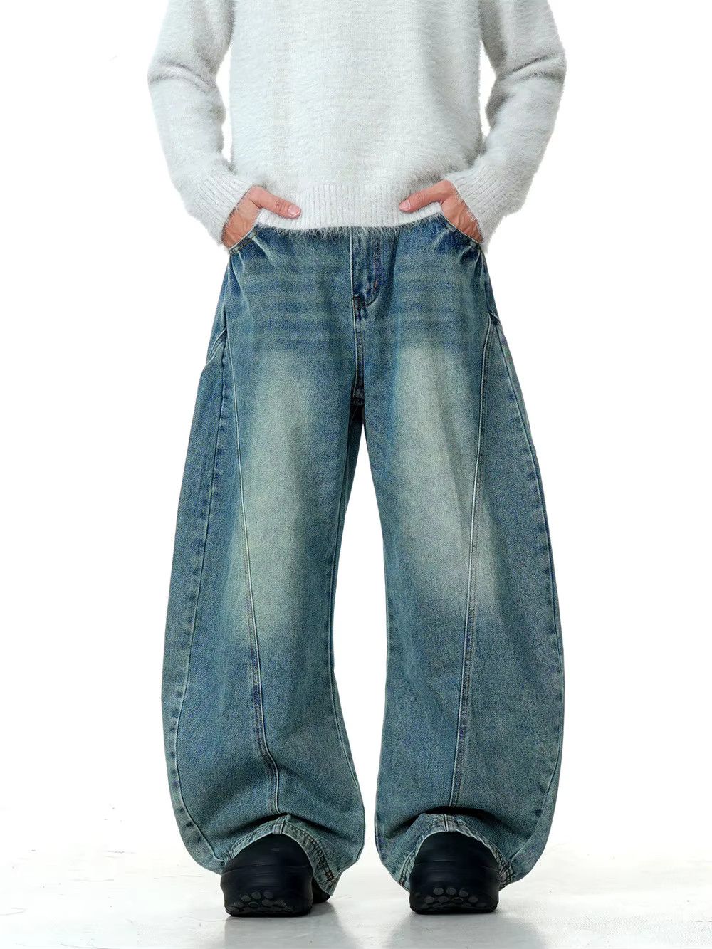 Spliced Washed Vintage Loose Wide-leg Distressed Jeans