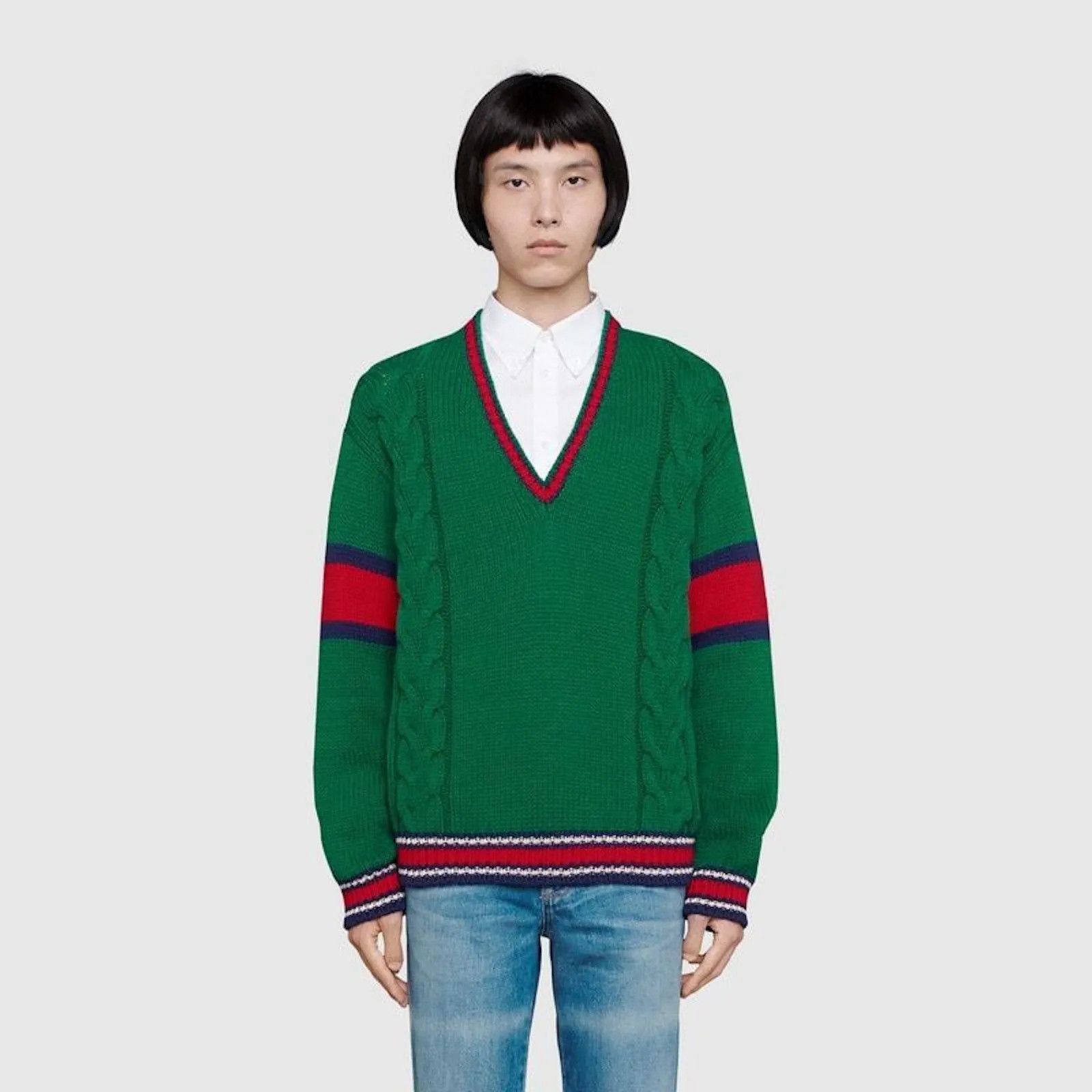 image of Gucci | Cable Knit V-Neck Sweater in Green, Men's (Size Small)