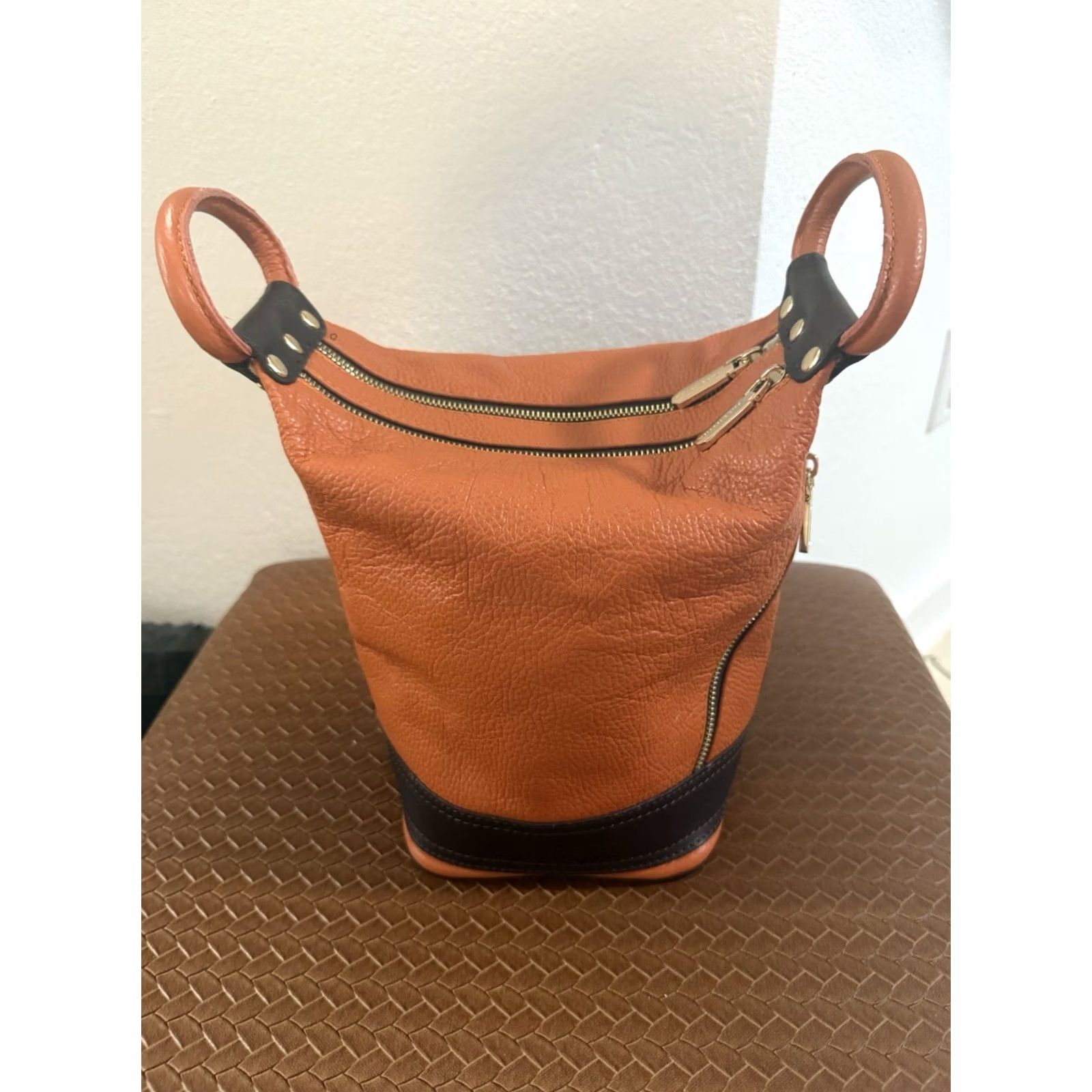 Vintage Valentina Leather Handbag Satchel Purse Italy Women Double Handles Zip 4 Zip Orange Brown Size ONE SIZE - 3 Thumbnail