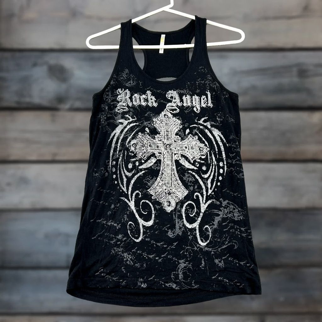 Casio VINTAGE Rock Angel Shirt Womens L Black Tank Top Cross Bling Wings Cyber Y2K Size L / US 10 / IT 46 - 1 Thumbnail