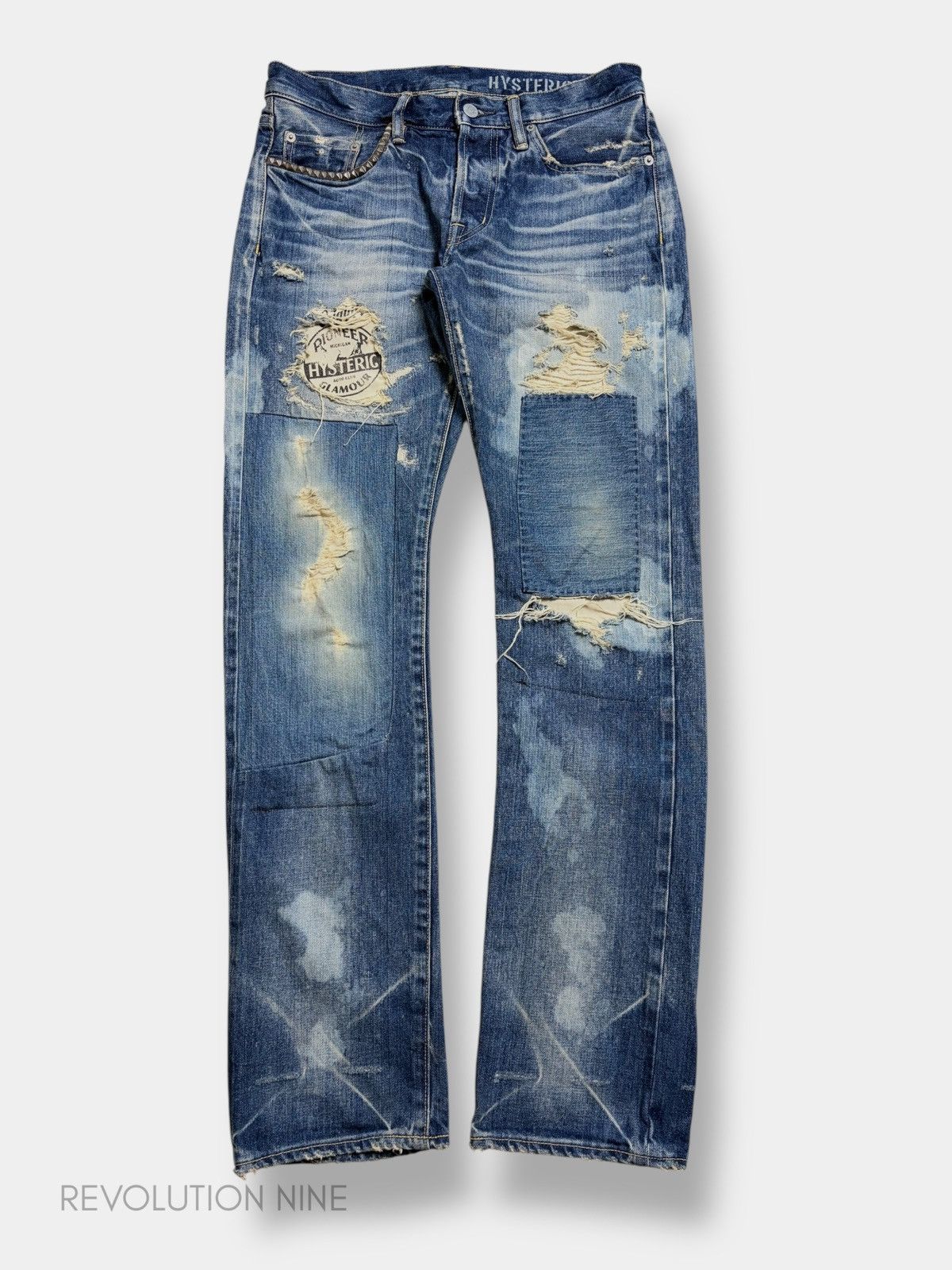 Hysteric Glamour distressed bleached logo studded denim