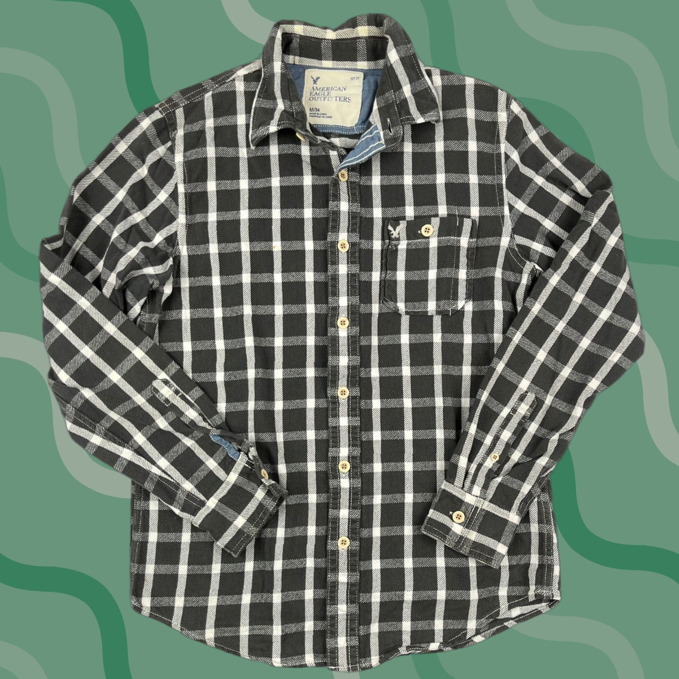 AE American Eagle Outfitters Mens Button-Down Shirt Flannel Plaid Gray Blue Cotton M