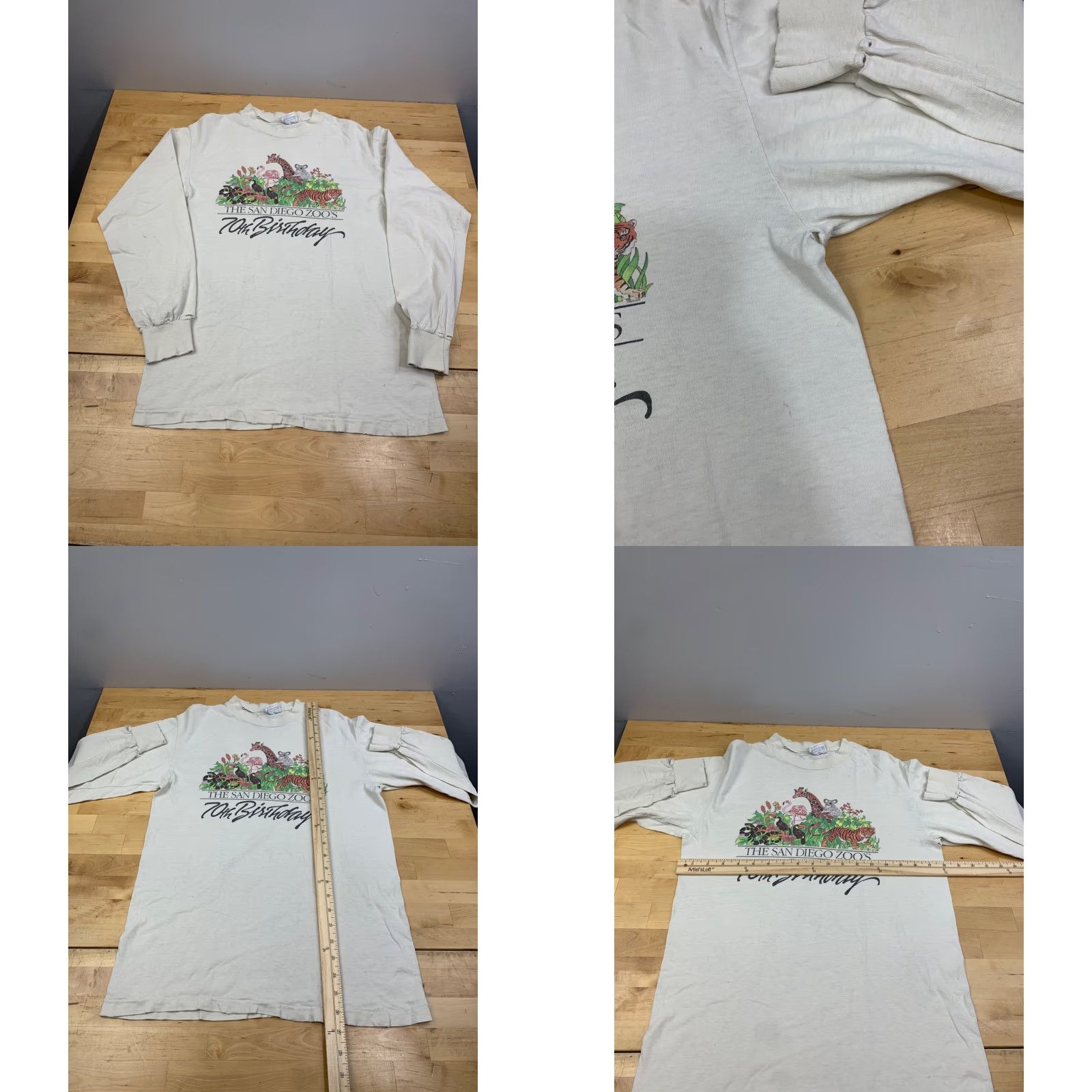 Hanes Vtg San Diego Zoos 70th Birthday Long Sleeve Shirt M White 90s Distress 11690 Size US M / EU 48-50 / 2 - 8 Thumbnail