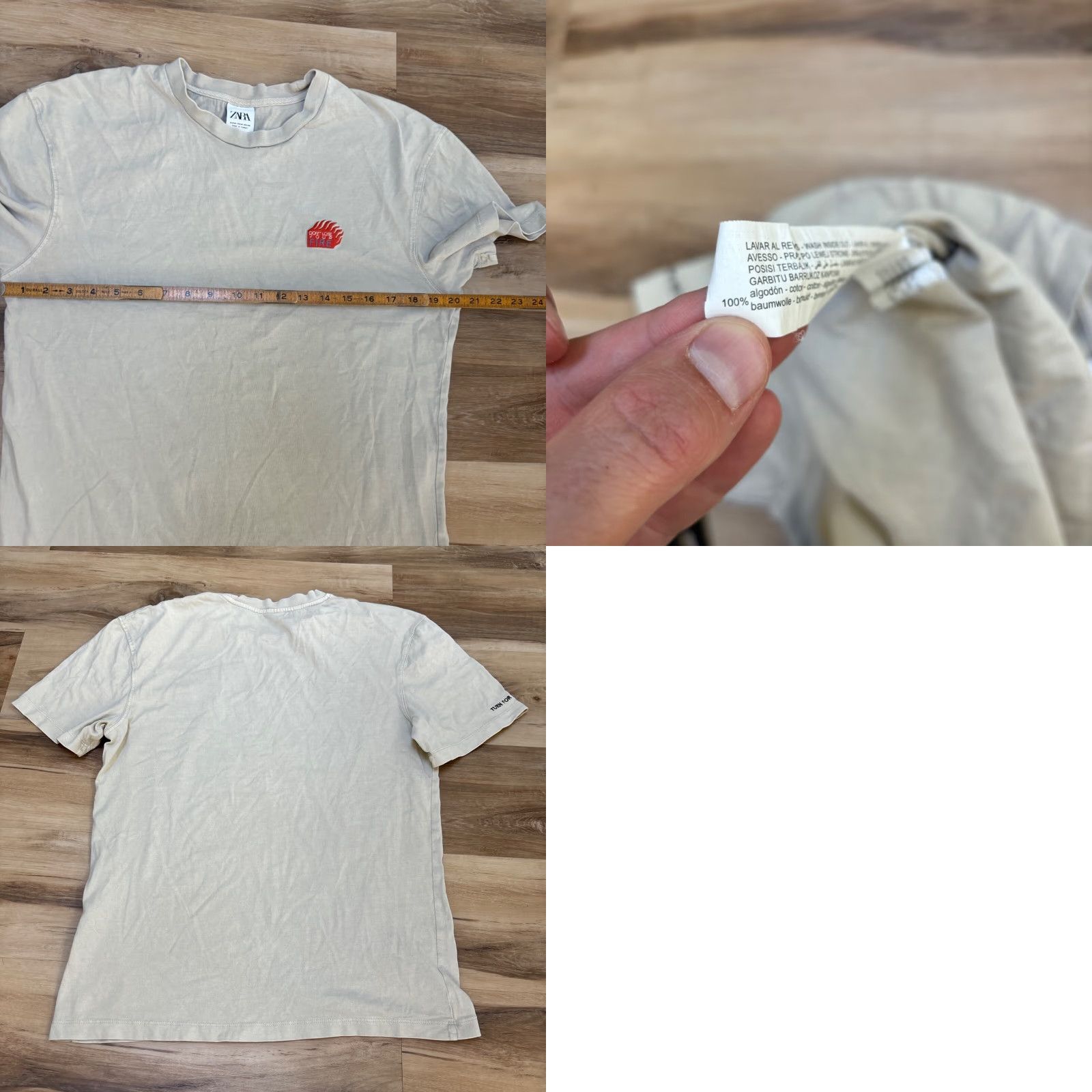 Zara ZARA T Shirt Mens Medium Crew Neck Tonal Logo USA Beige Cotton Short Sleeve Basic Tee USA Mens (Regular) Size US M / EU 48-50 / 2 - 8 Thumbnail
