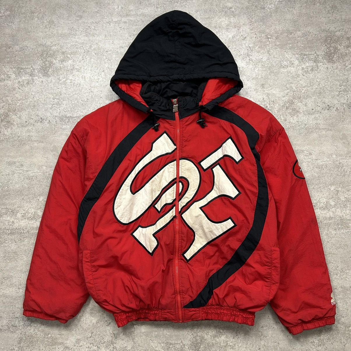 NFL × Starter × Vintage VTG 90s SAN FRANCISCO 49ERS BIG LOGO PUFFER JACKET HOODIE Size US XL / EU 56 / 4 - 1 Thumbnail