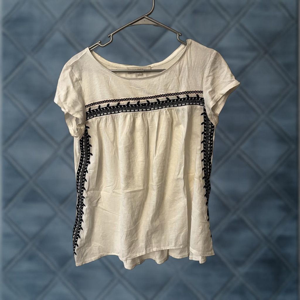 Ann Taylor Loft Embroidered Blouse Small Boho Top Navy Embroidery Paper Thin Cotton Size S / US 4 / IT 40 - 1 Thumbnail
