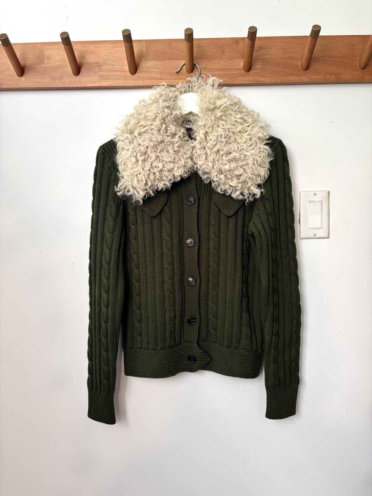 Miu Miu Military Cardigan with Removable Shearling Collar