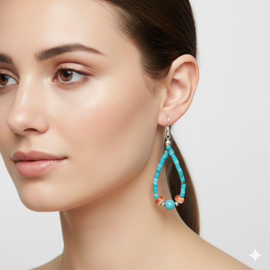 Handmade Turquoise 2.25" Earrings 925 Sterling Silver Heishi Native Size ONE SIZE - 2 Thumbnail