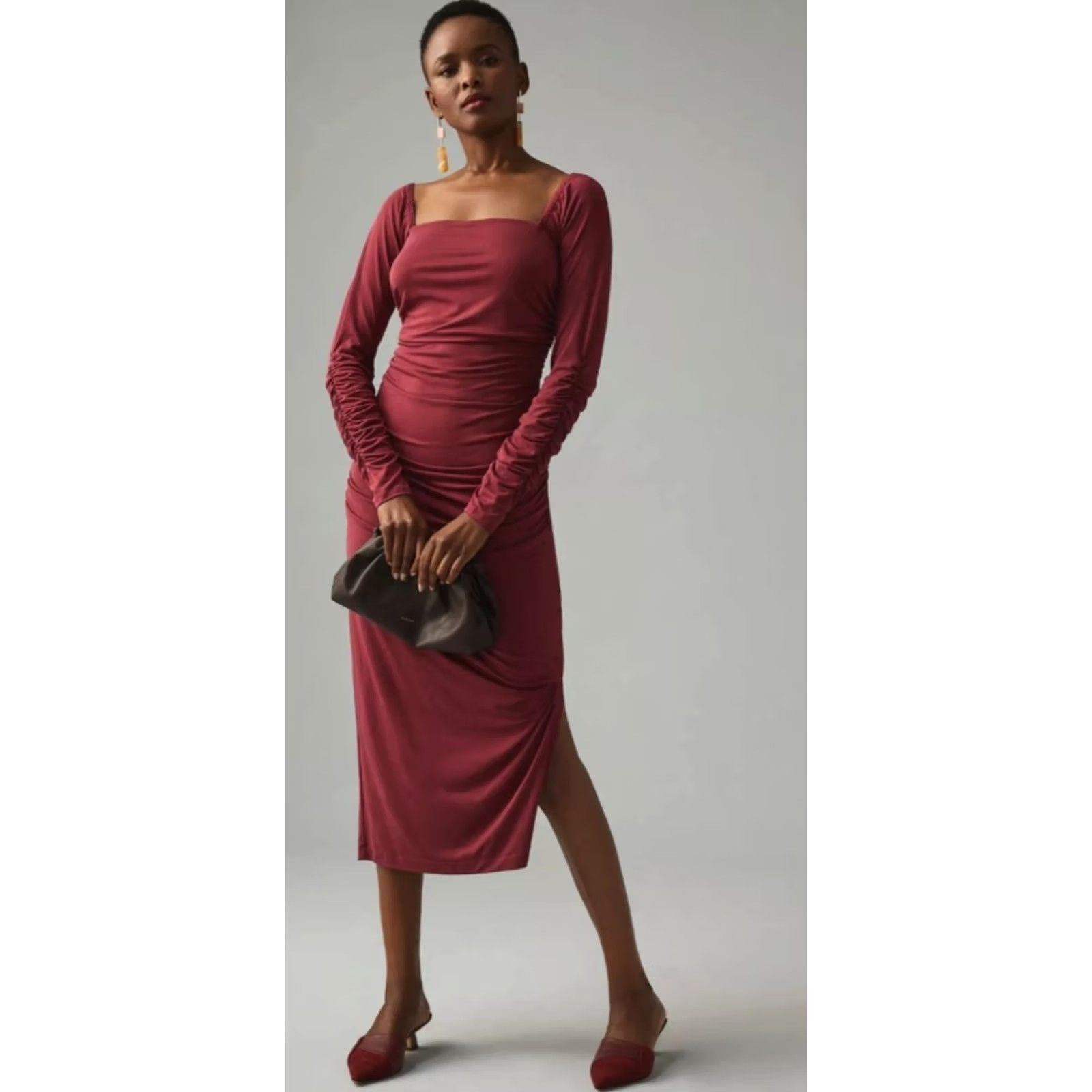 Anthropologie Anthropologie Dress Women's Burgundy Ruched Midi Square-neck Fitted PS Petite Sleeved Long Sleeve Solid Colorful 90s? No, not applicable Size S / US 4 / IT 40 - 4 Thumbnail