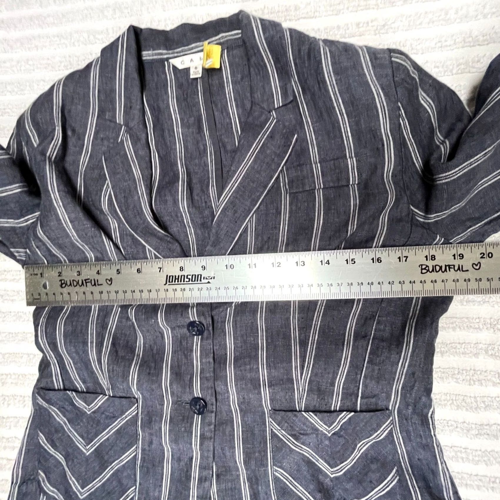 Vintage Cabi Womens Blue White Striped Linen Puff Sleeve Two-Button Blazer Jacket Size 8 Size M / US 6-8 / IT 42-44 - 7 Thumbnail