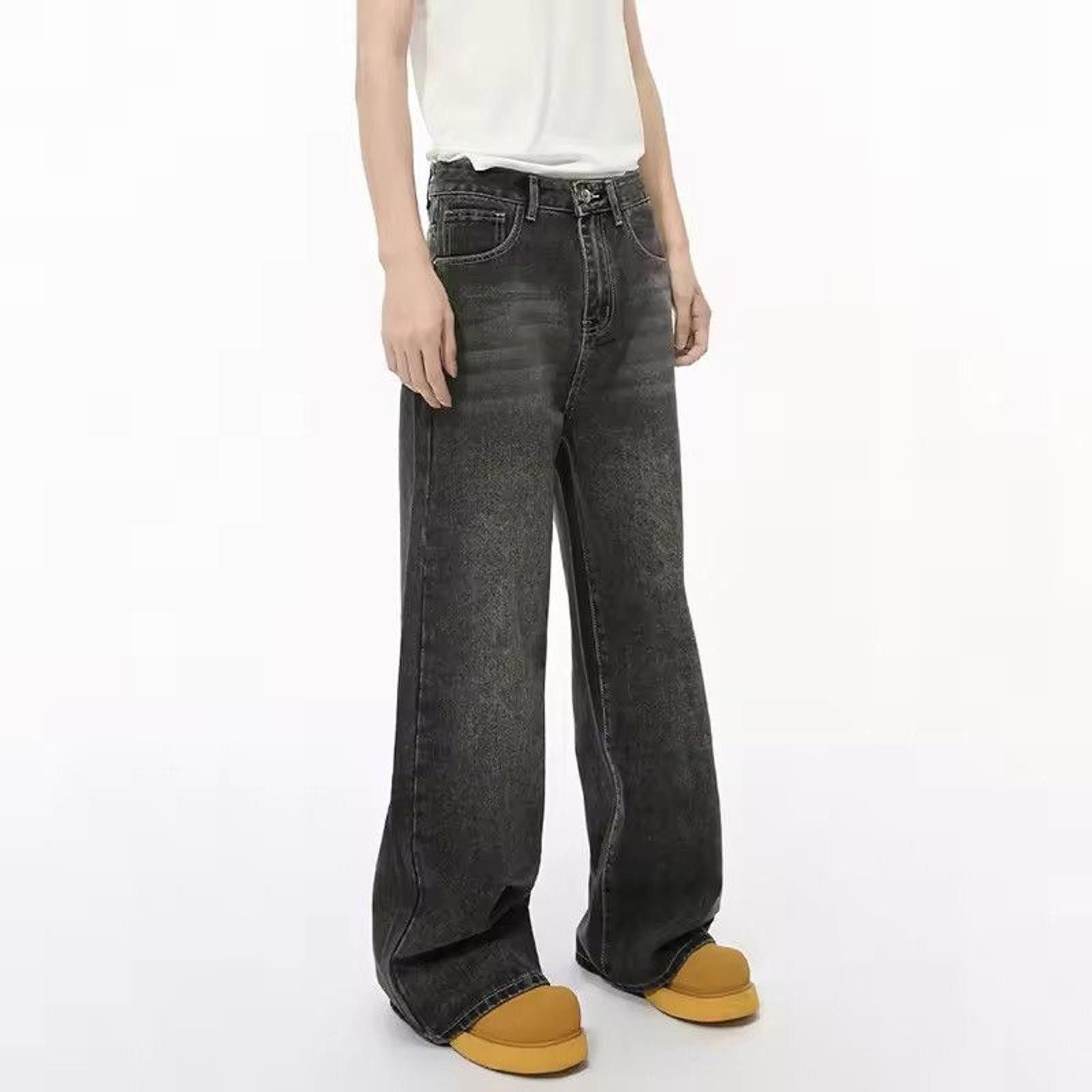 Distressed Whiskered Wide-Leg Denim Jeans