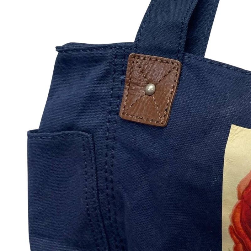 Faded Glory Hand Printed Red Peony Flower Navy Canvas Cotton Tote Bag Size ONE SIZE - 5 Thumbnail
