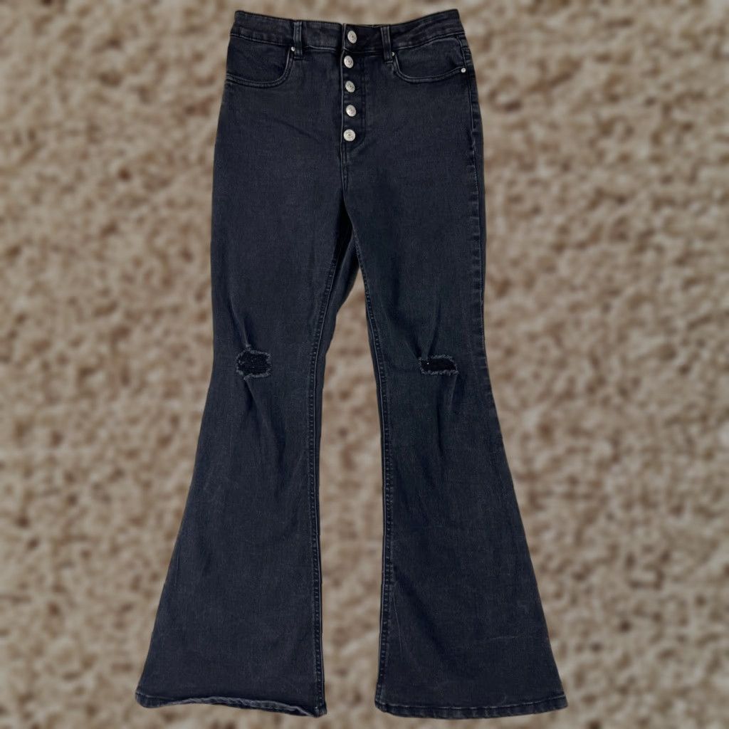 Denime Refuge Women's Flared Jeans 9 Black Denim Distressed Cotton Vintage-Inspired Size 30" / US 8 / IT 44 - 1 Thumbnail