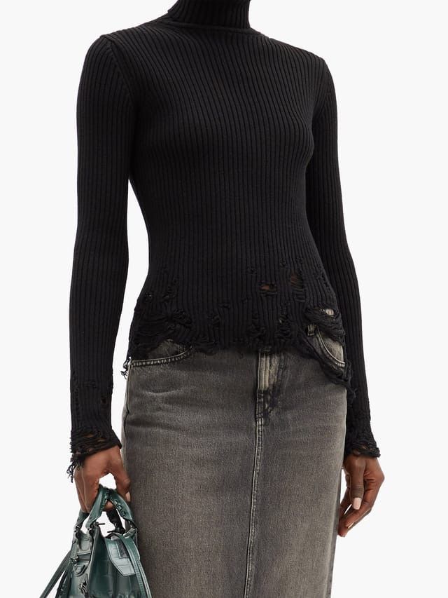 Balenciaga Roll-Neck Distressed Ribbed Virgin-Wool Sweater Size US M / EU 48-50 / 2 - 2 Thumbnail