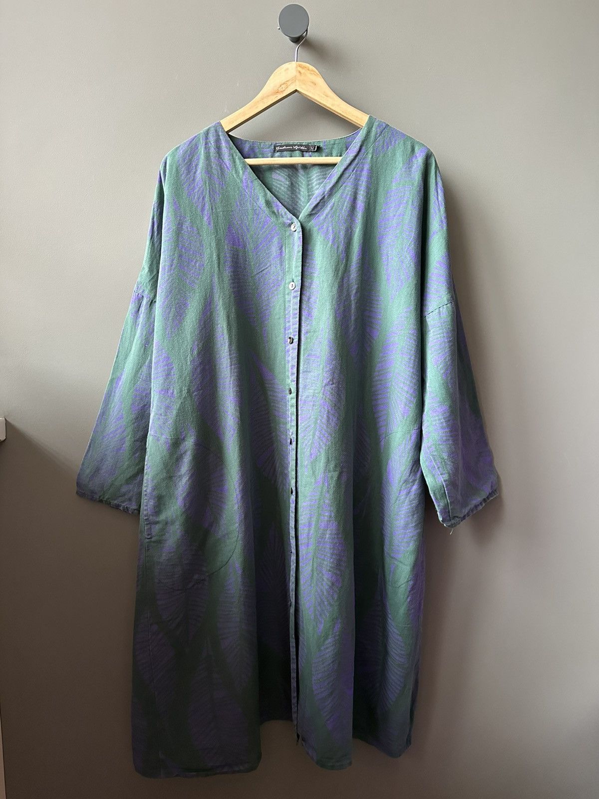 Gudrun Sjoden Gudrun Sjoden Green Purple Leaf Linen Tunic Dress Size L Size L / US 10 / IT 46 - 1 Thumbnail