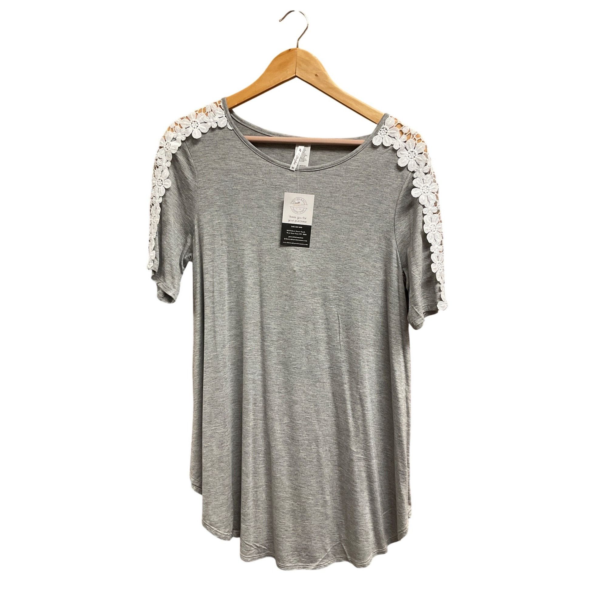Other Women's Gray Short Sleeve Top With Crochet White Floral Lace Size M / US 6-8 / IT 42-44 - 2 Thumbnail