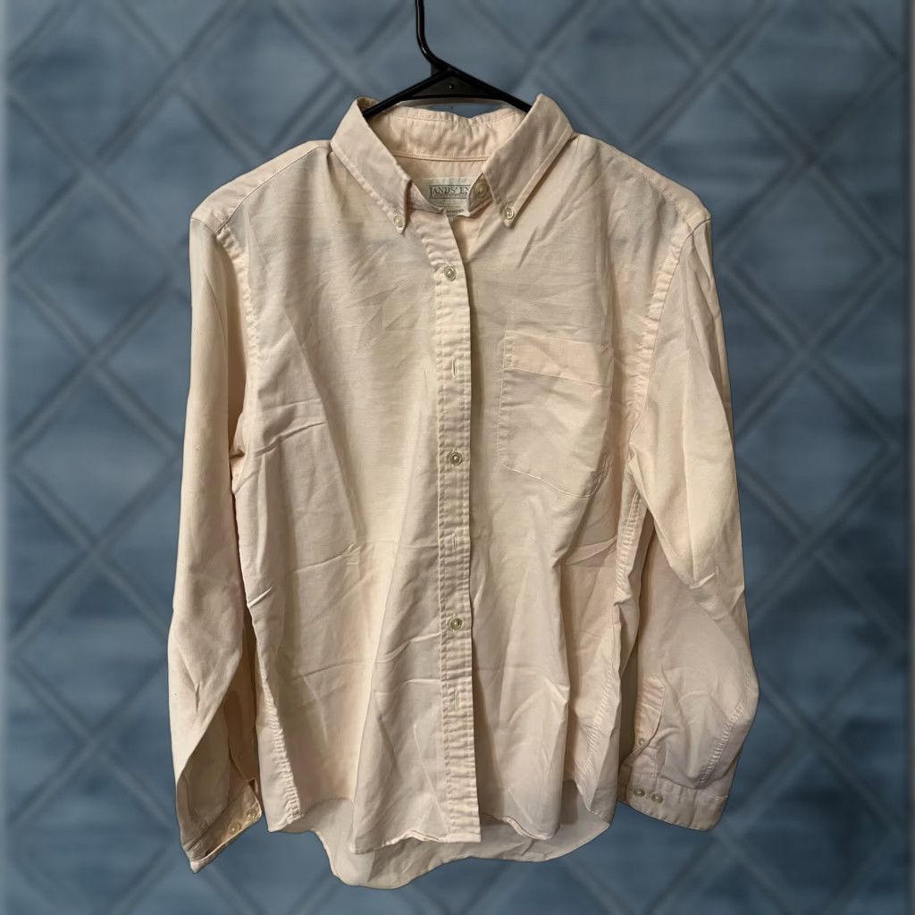 Lands' End VINTAGE Lands' End Button-Up Shirt Womens 10 Pink Collared Long Sleeve Cotton Blend Chiffon 1996 Mens? Womens? Wait. Size L / US 10 / IT 46 - 1 Thumbnail