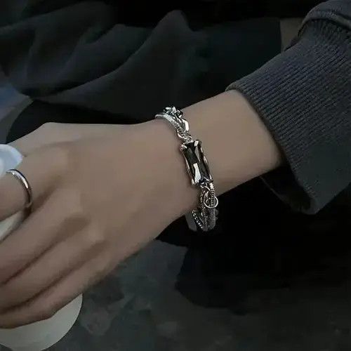 Bead Bracelet x Jewelry Titanium Steel Layered Black Crystal Charm Bracelet For Men in Silver
