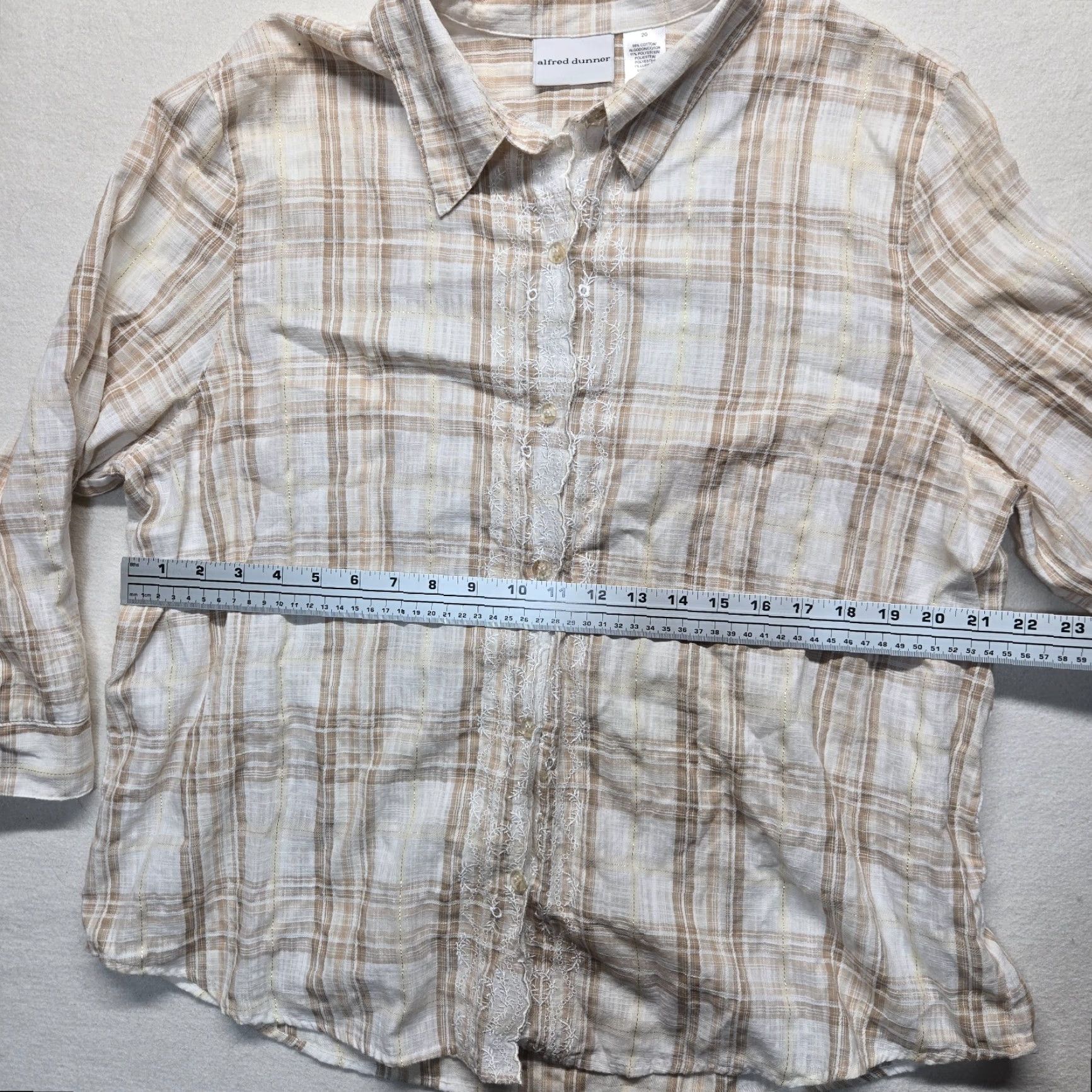 Vintage Alfred Dunner Button Up Shirt Women's 20W Tan Brown Checkard Check 3/4 Sleeve Size 3XL / US 20-22 - 4 Thumbnail