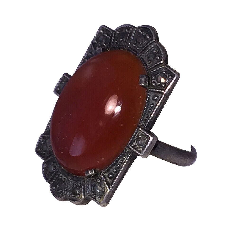 Designer Art Deco Sterling Oblong Carnelian and Marcasite Ring Size ONE SIZE - 3 Thumbnail