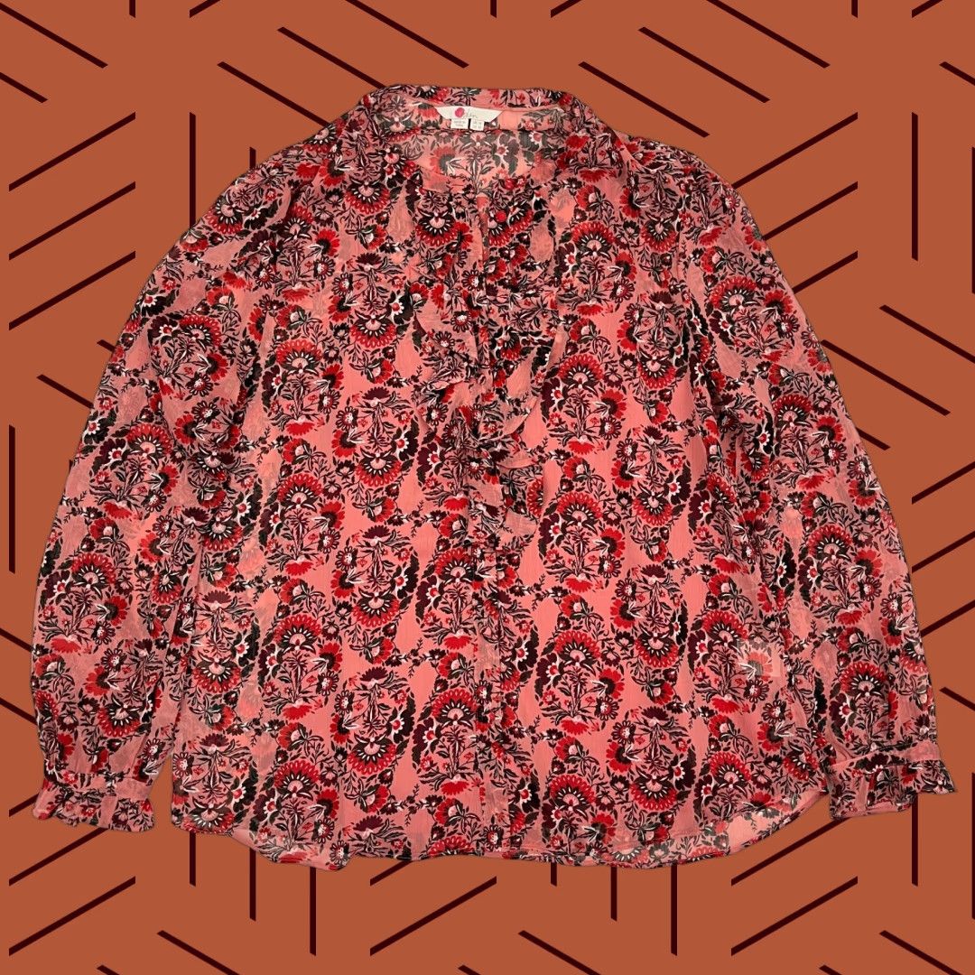 Boden VINTAGE Boden Blouse W/ Tank Top Womens UK 14 / US 10 Pink Red Floral Sheer Ruffle Boho Size L / US 10 / IT 46 - 1 Thumbnail