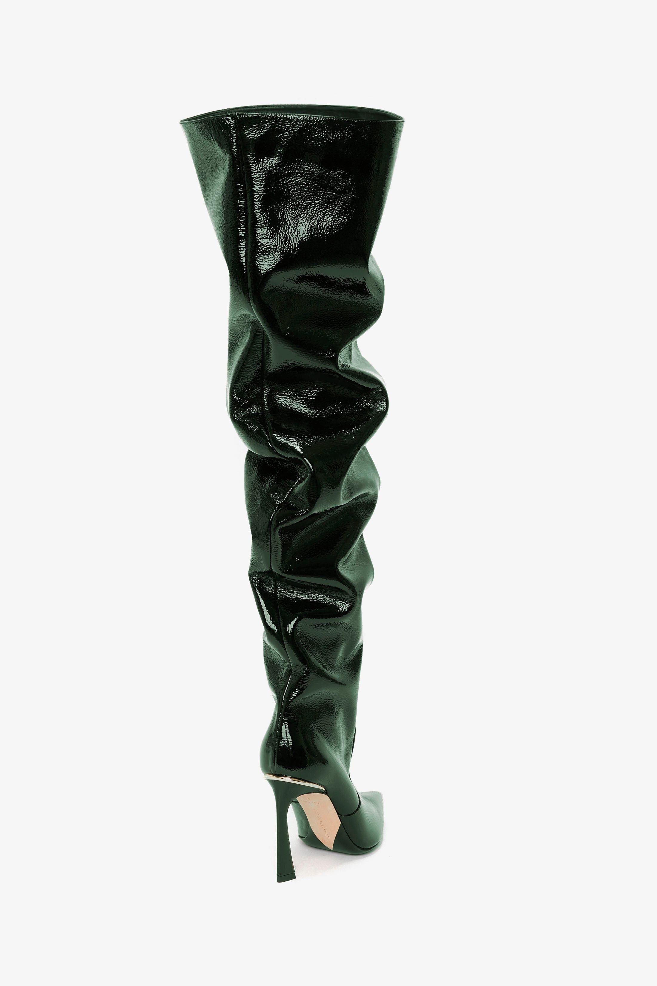 Victoria Beckham o1mle0525 Thigh High Pointy Boots Dark Green Grained Patent Size US 7 / IT 37 - 3 Thumbnail