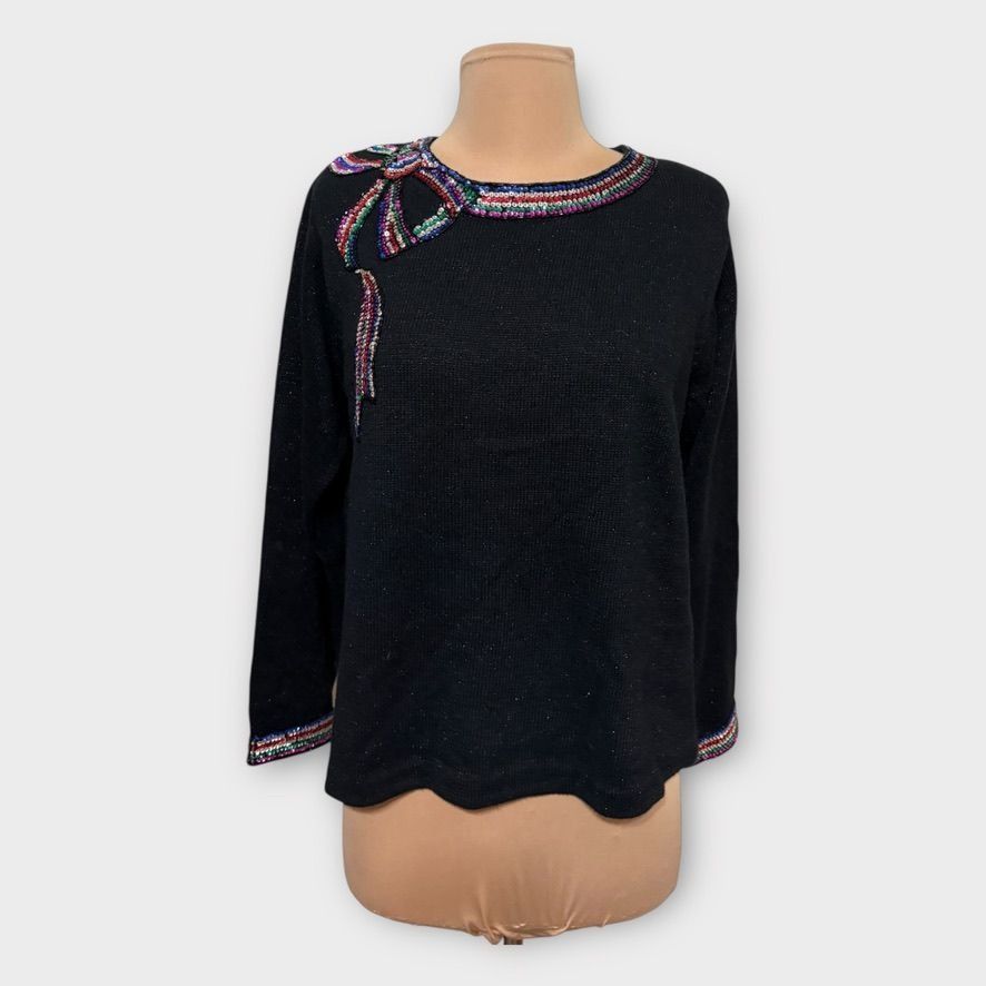 Other Vintage Sequin Bow Sweater M 80s Retro Knit Black Multi Holi Size M / US 6-8 / IT 42-44 - 2 Thumbnail