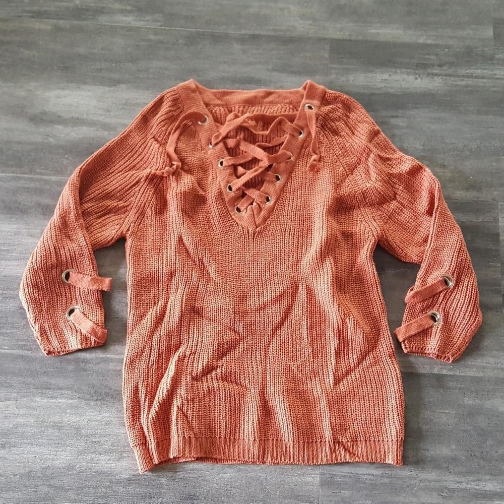 Designer Rust Laced Up Sweater Long Sleeve Size ONE SIZE - 3 Thumbnail