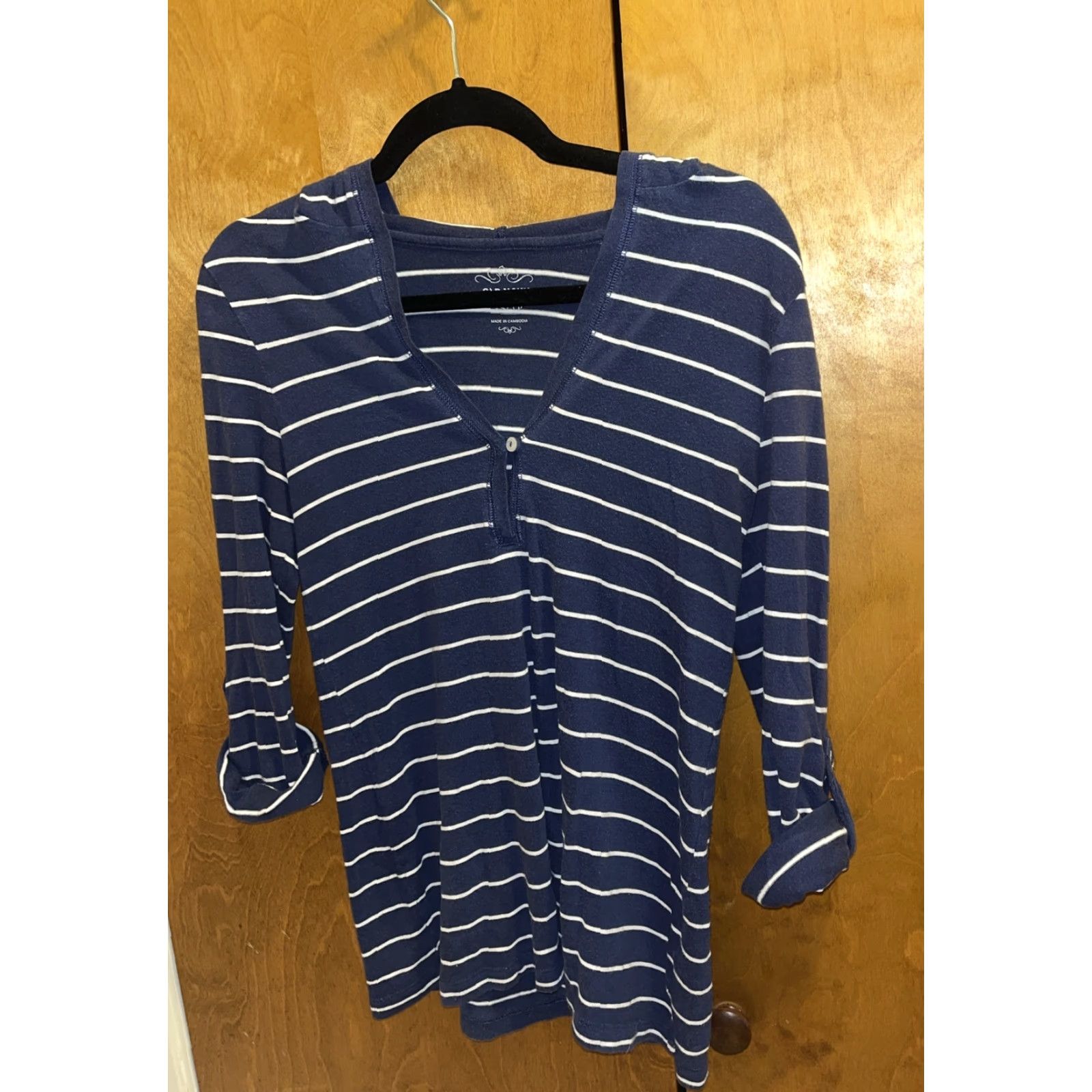 Old Navy VINTAGE Old Navy Women XS Blue Striped Cotton Hooded Henley Blouse 3/4 Sleeve Fall Spring Summer Winter Size XS / US 0-2 / IT 36-38 - 2 Thumbnail