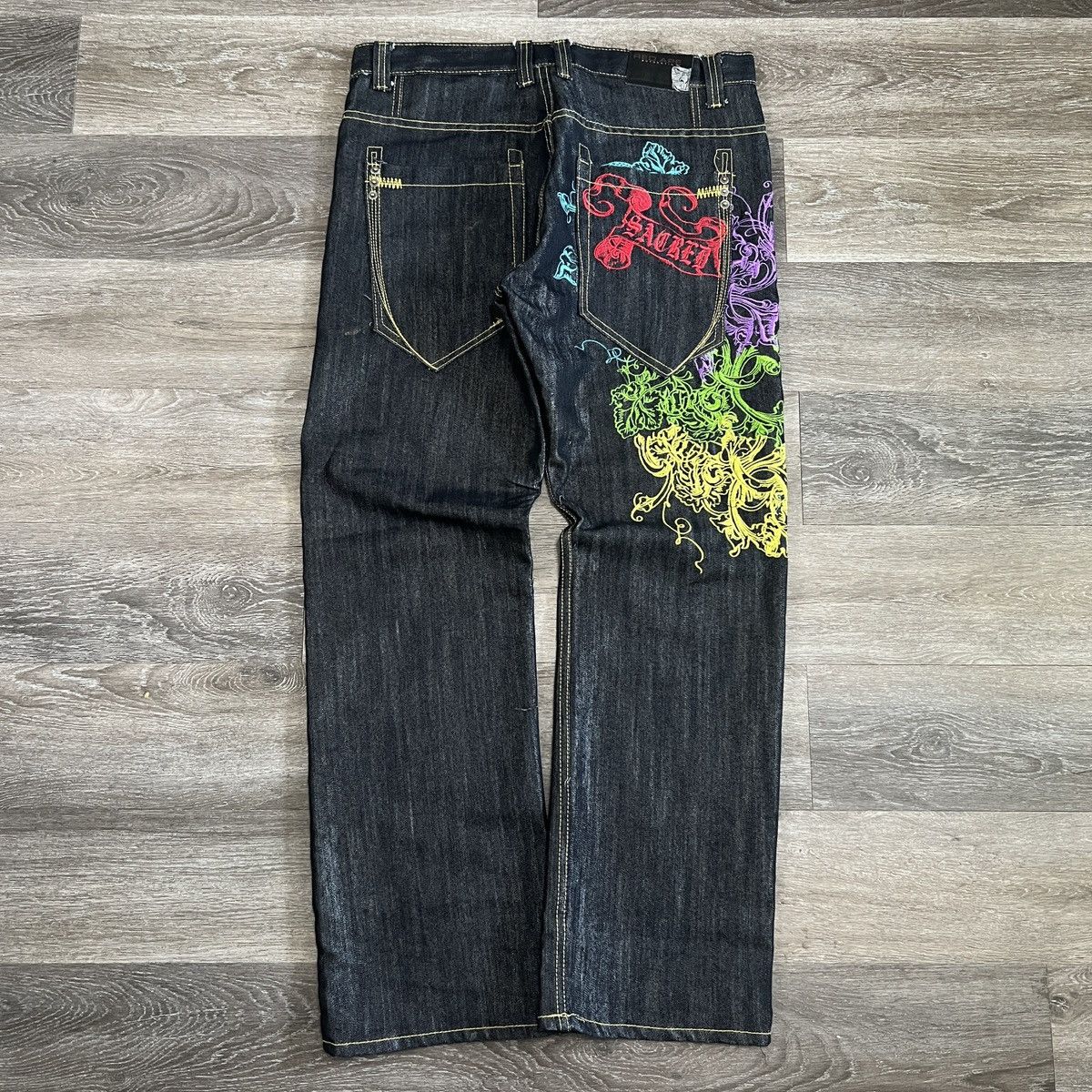 Image of Affliction x Ed Hardy Insane Vintage Y2K Red Ape Baggy Wide Leg Embroidered Jeans in Navy (Size 36)